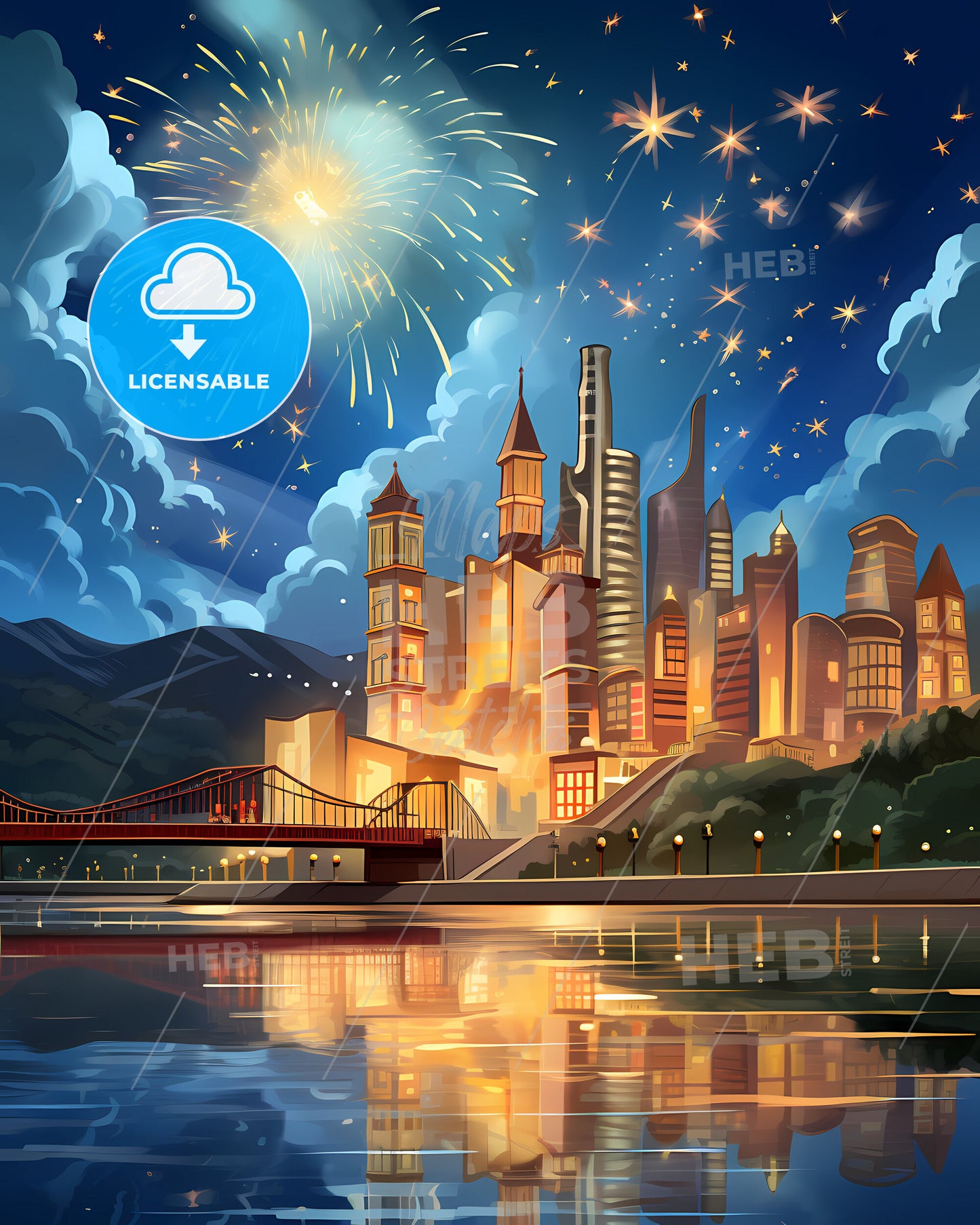 Bilbao, Spain, a fireworks over a city