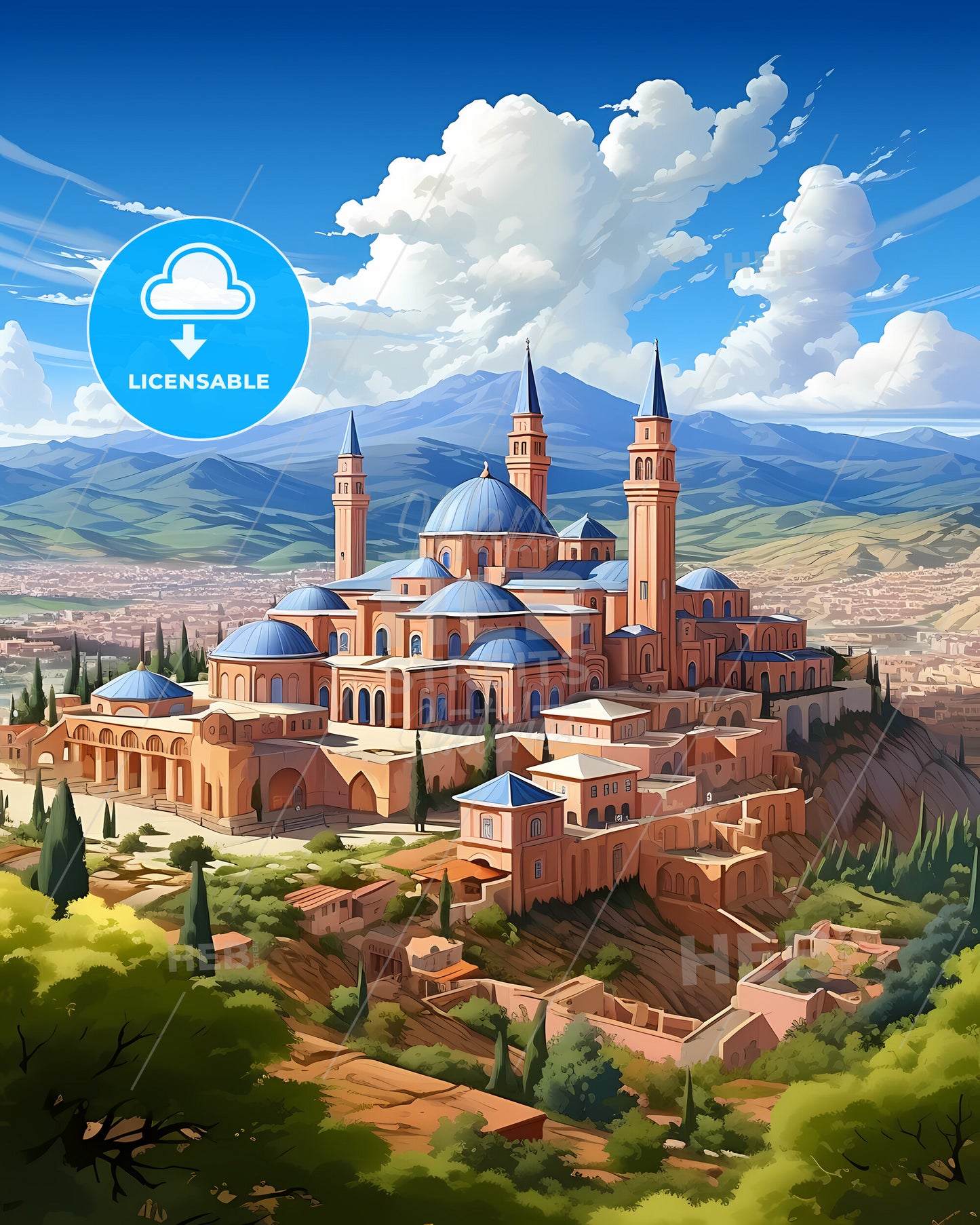 Ciudad Lineal, Spain, a building with blue domes on a hill