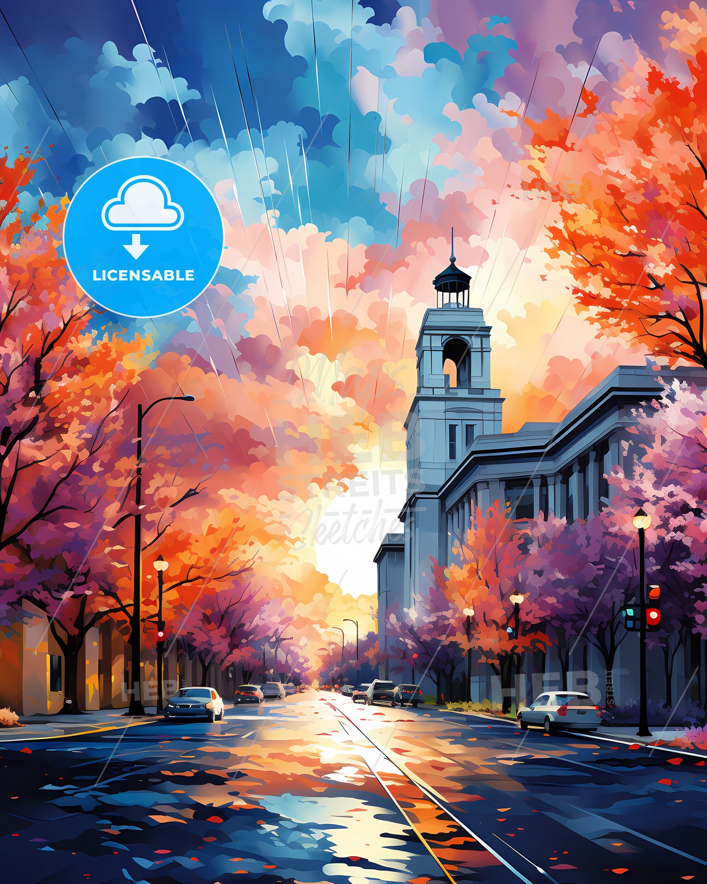 Davis, California, a street with cars and trees with a bell tower