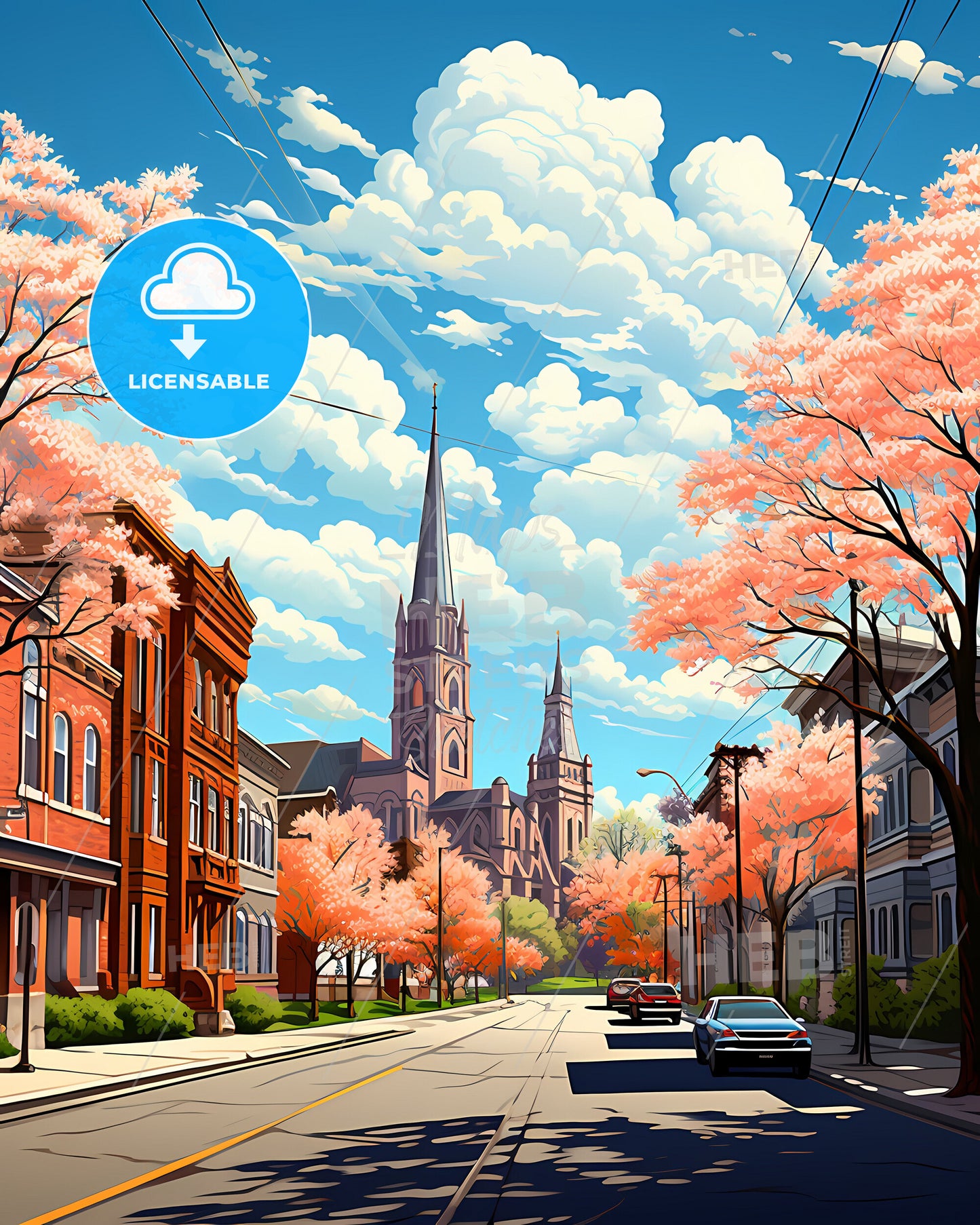 Utica, New York, a street with cars and trees with pink flowers on the side