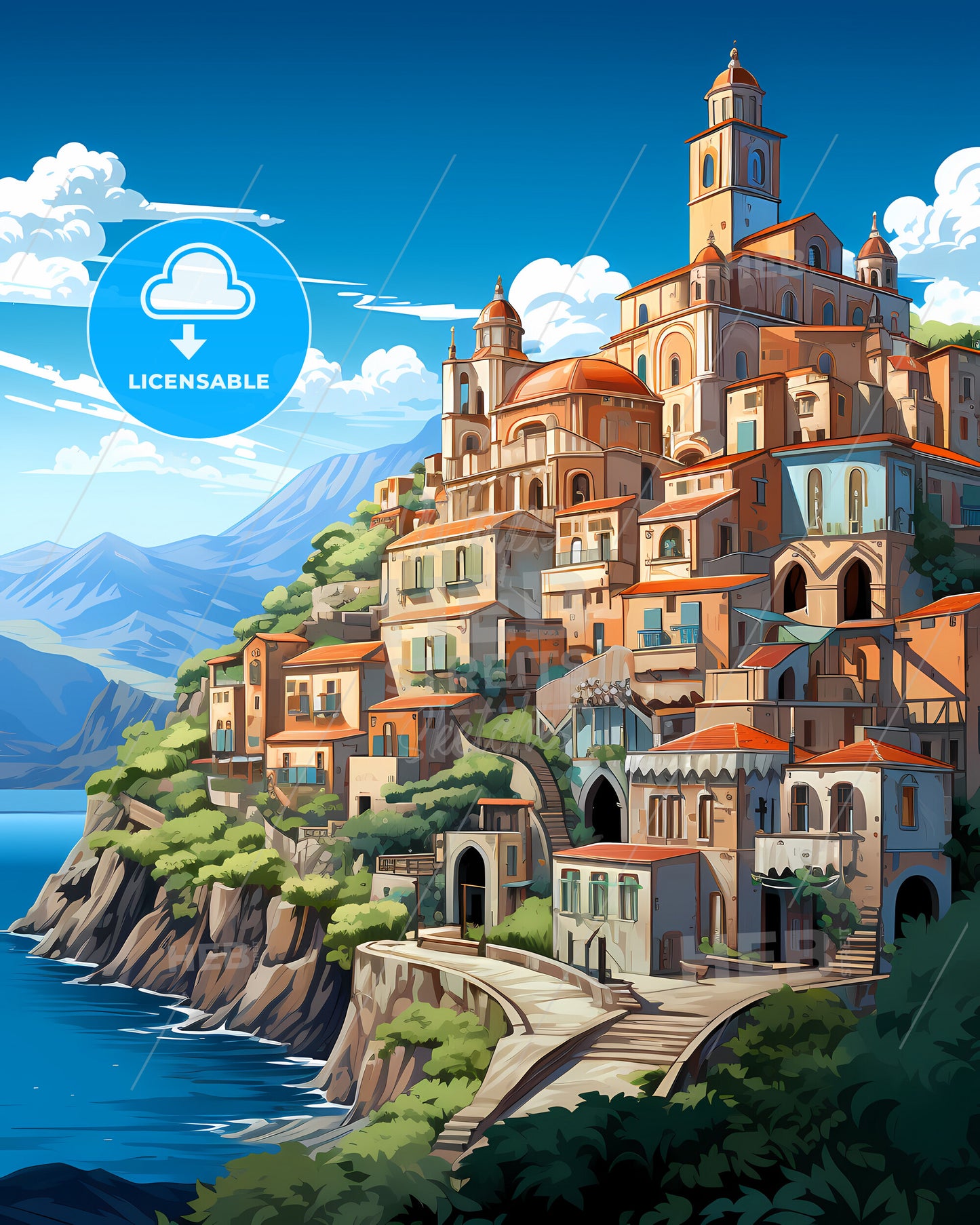 Bagheria, Italy, a cartoon of a town on a cliff by the water