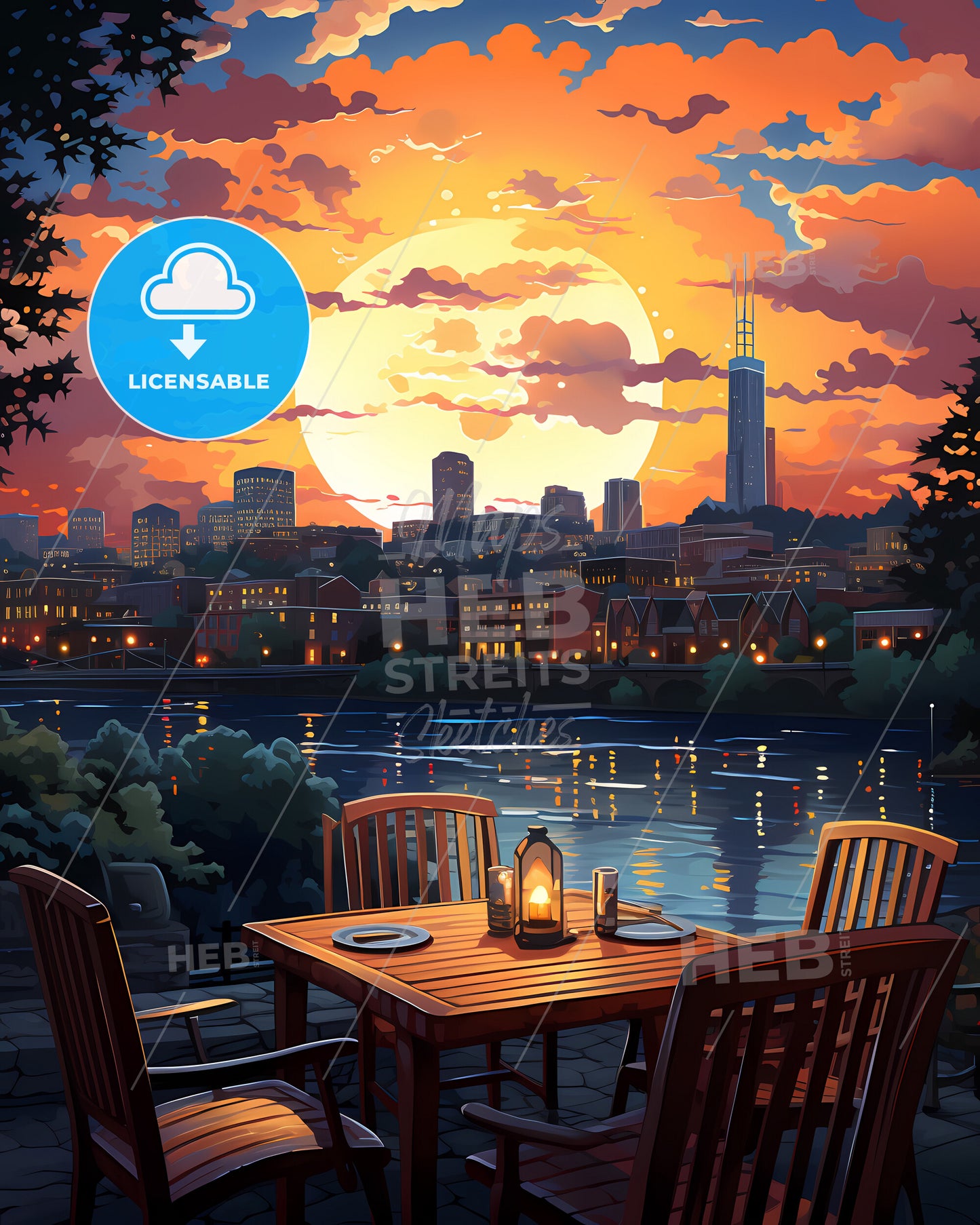 Knoxville, Tennessee, a table and chairs with a sunset over the water