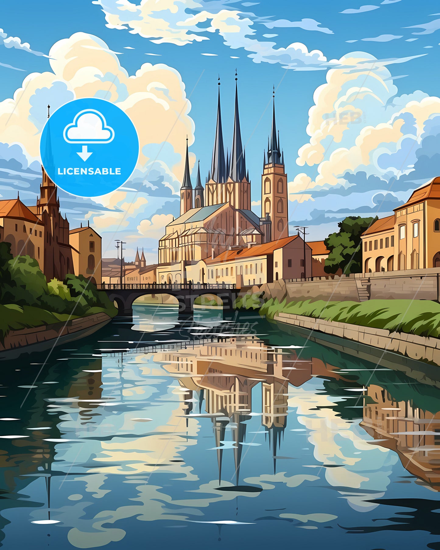 Ferrara, Italy, a river with a bridge and a castle