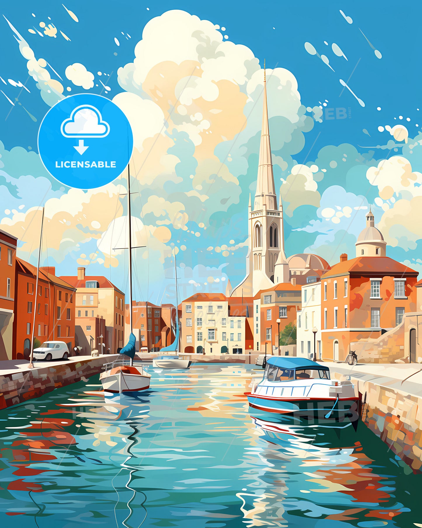 Poole, South West England, a water canal with boats and buildings in the background