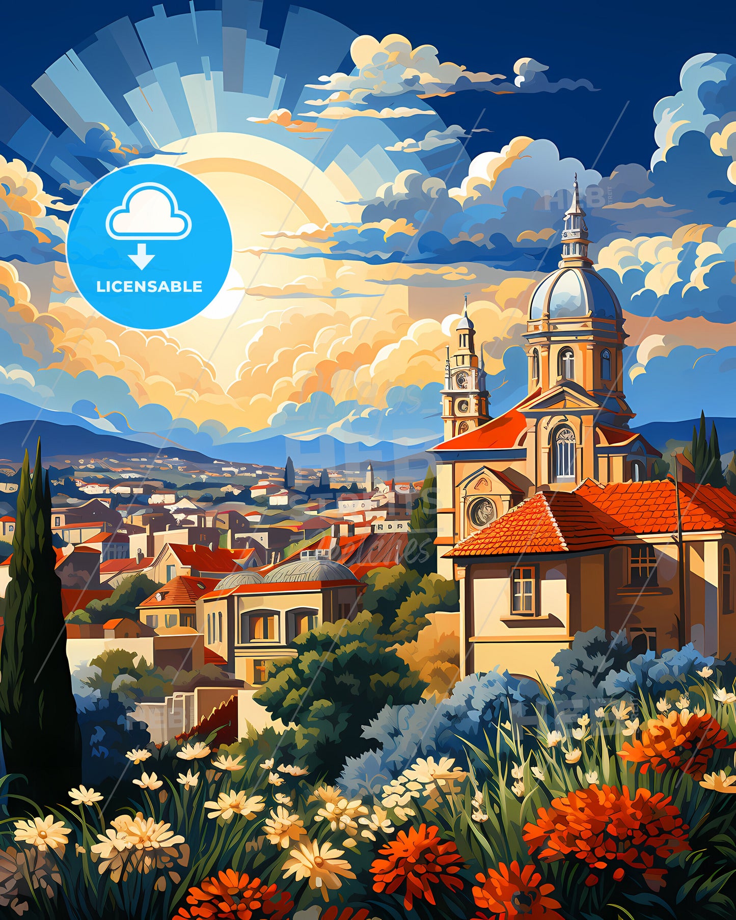 Matosinhos, Portugal, a colorful landscape with a church and flowers