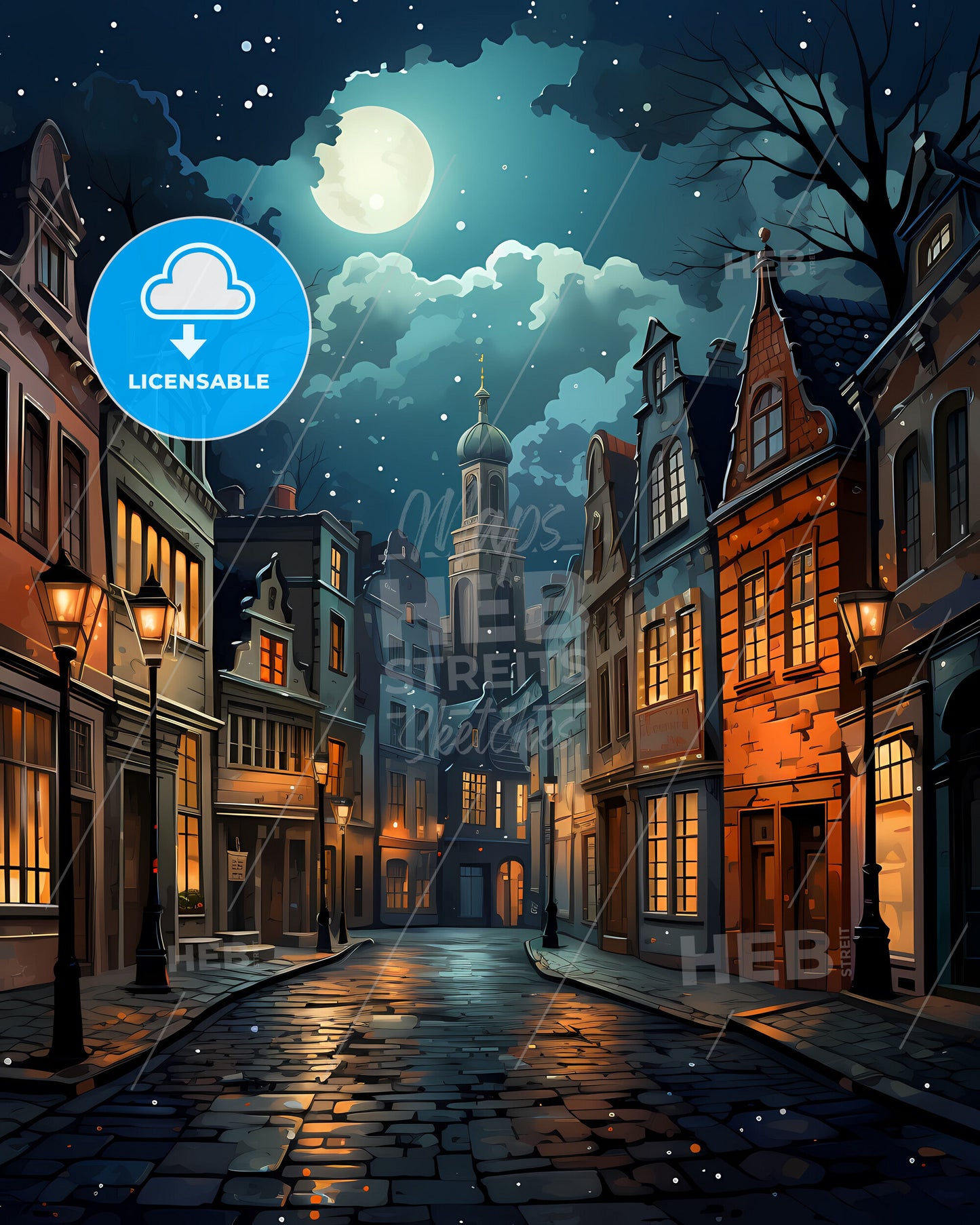 Utrechtse Heuvelrug, Netherlands, a street with buildings and a moon in the sky