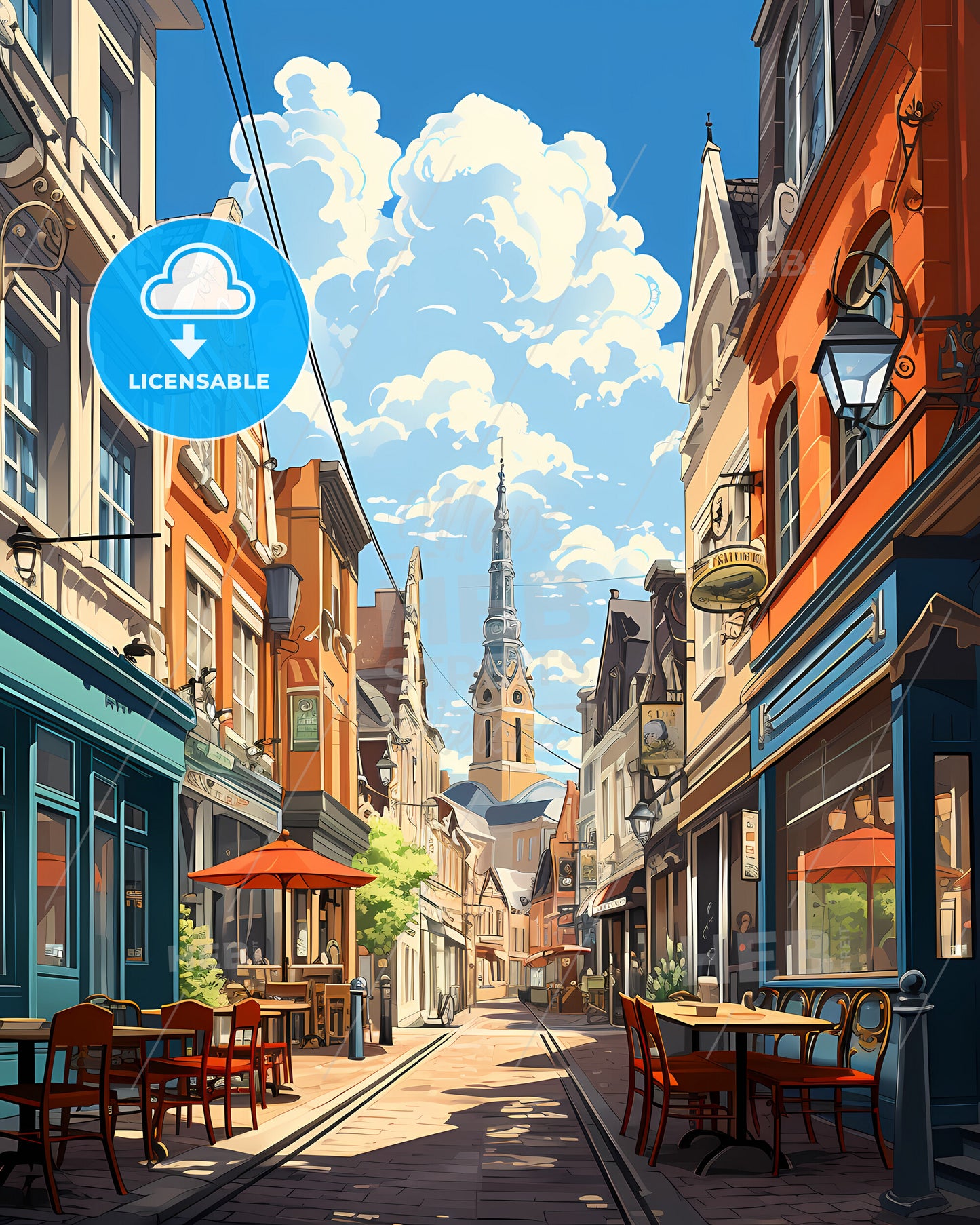 Leeuwarden, Netherlands, a street with tables and chairs in front of a tower