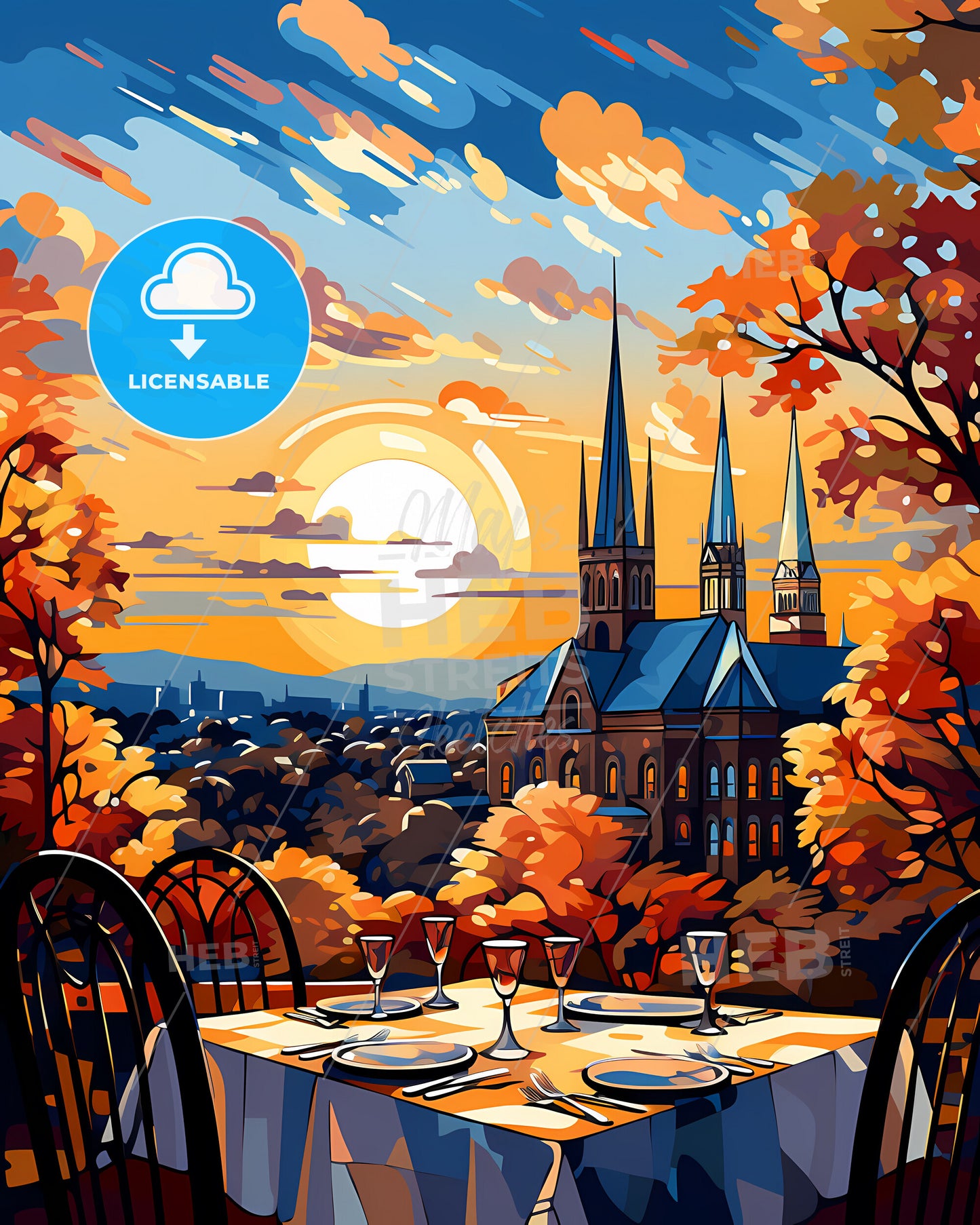 East Orange, New Jersey, a table with a church and trees in the background