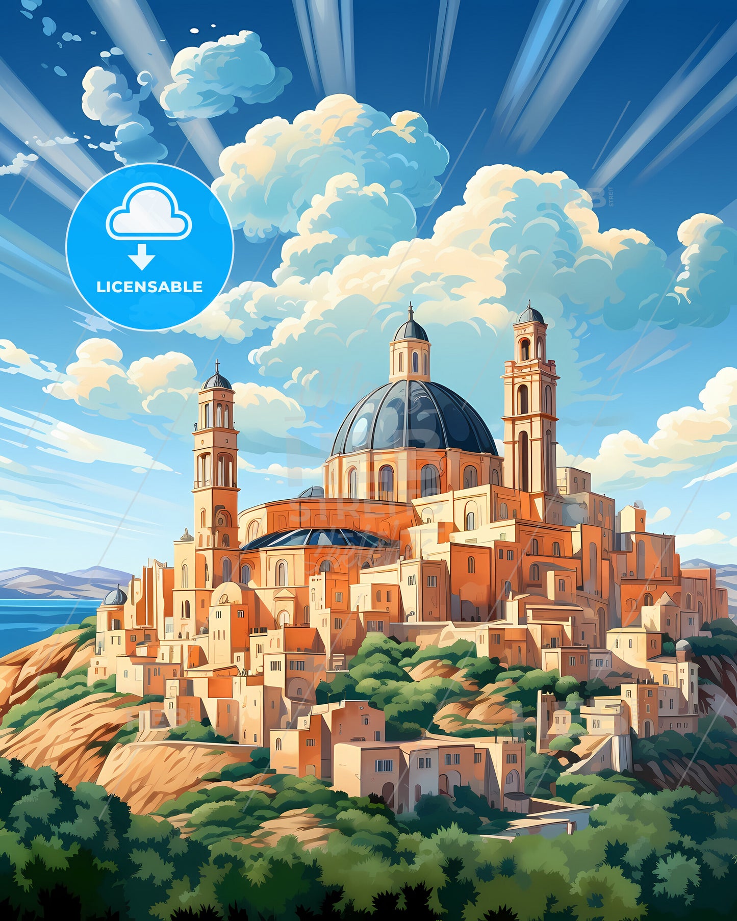 Ancona, Italy, a cartoon of a building on a hill