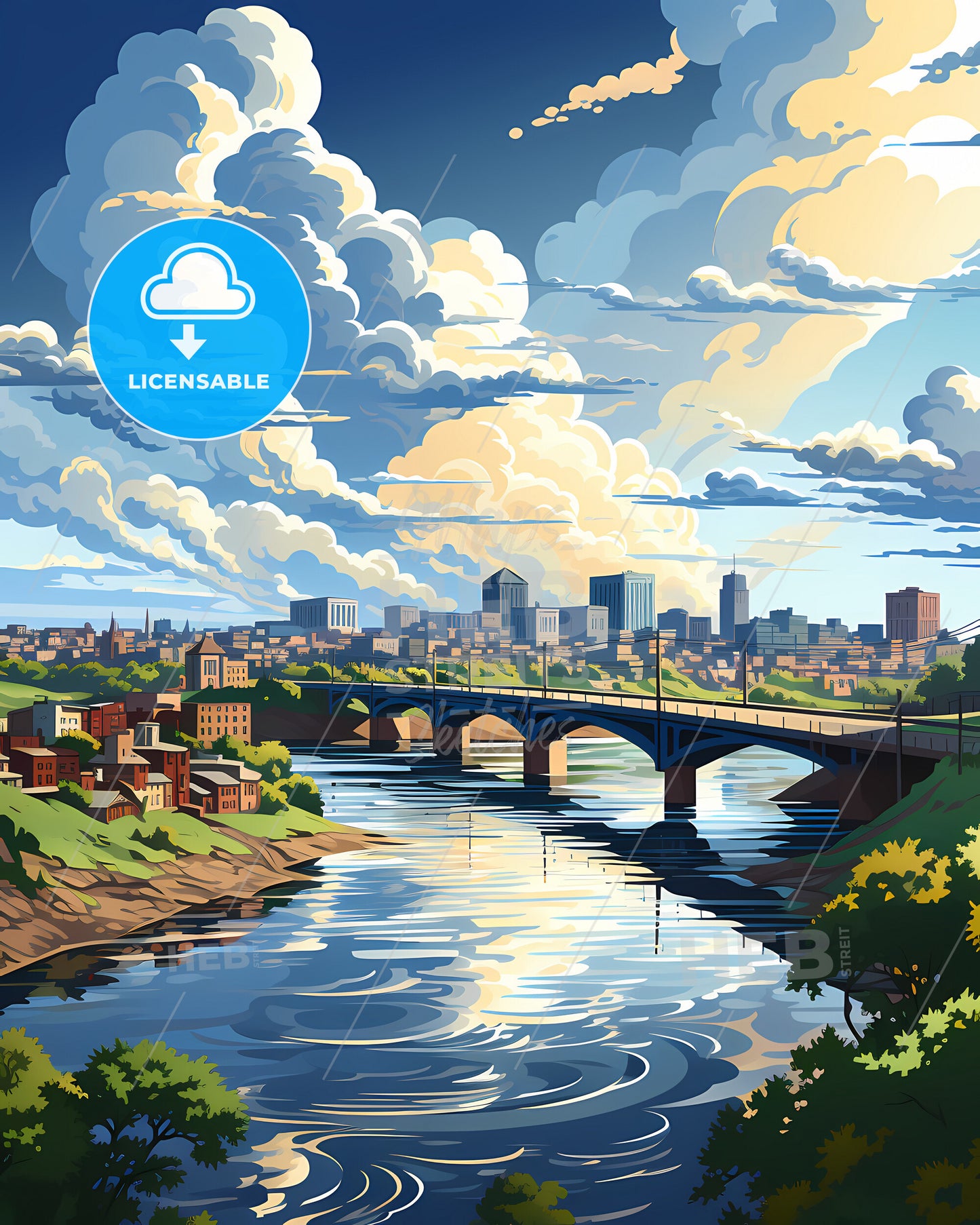 Bossier City, Louisiana, a bridge over a river with buildings and trees