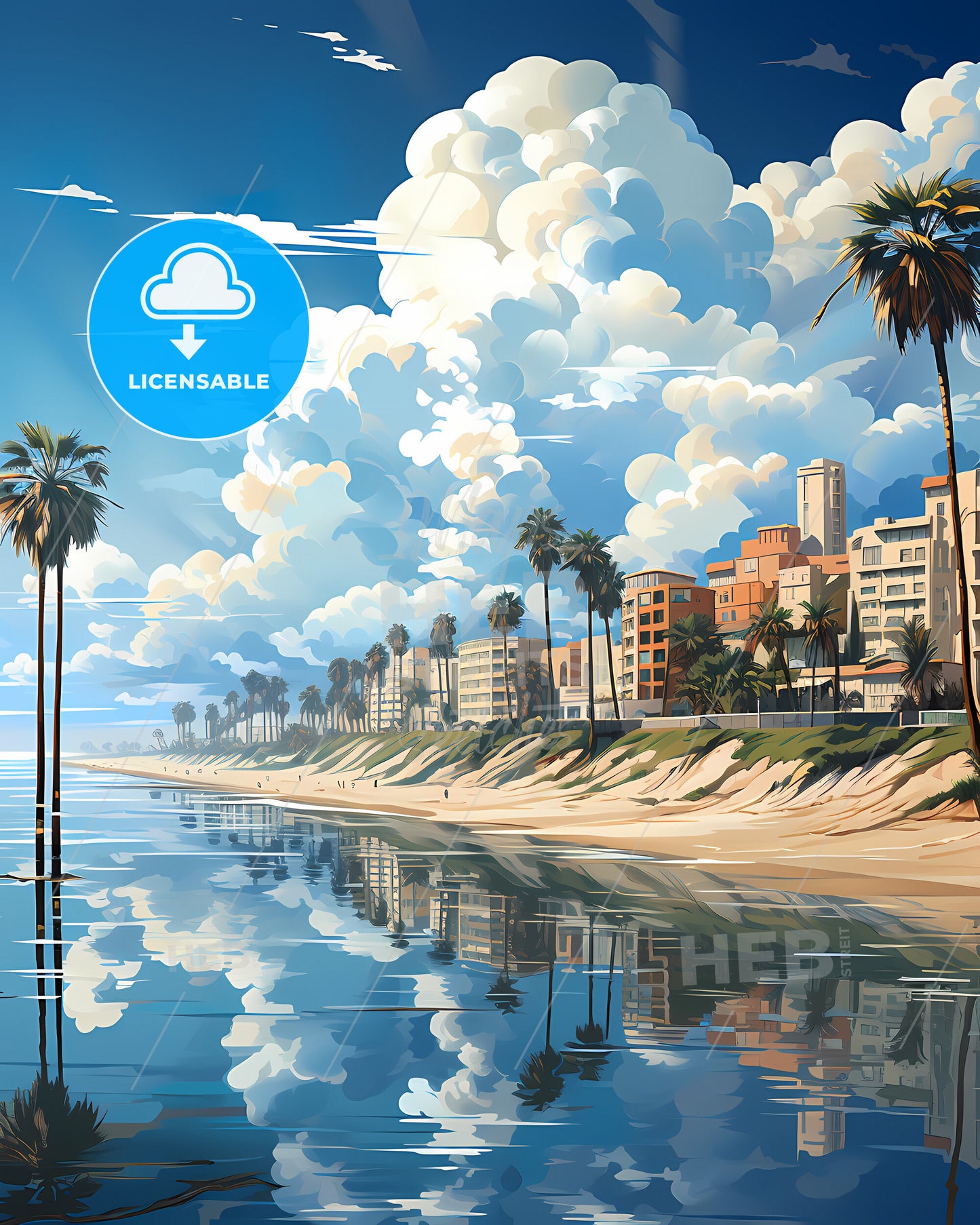 Huntington Beach, California, a beach with palm trees and buildings