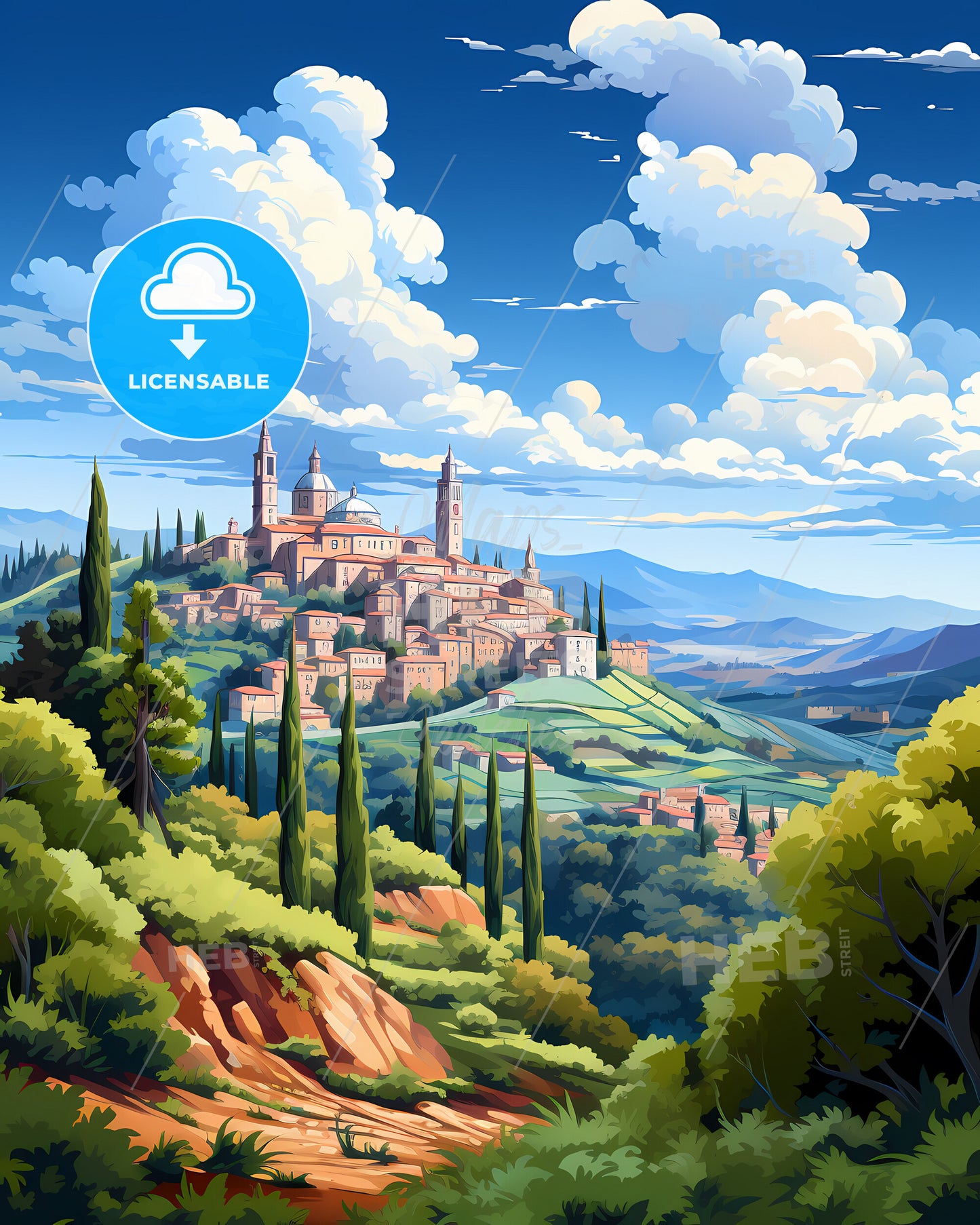 Carrara, Italy, a landscape of a town on a hill