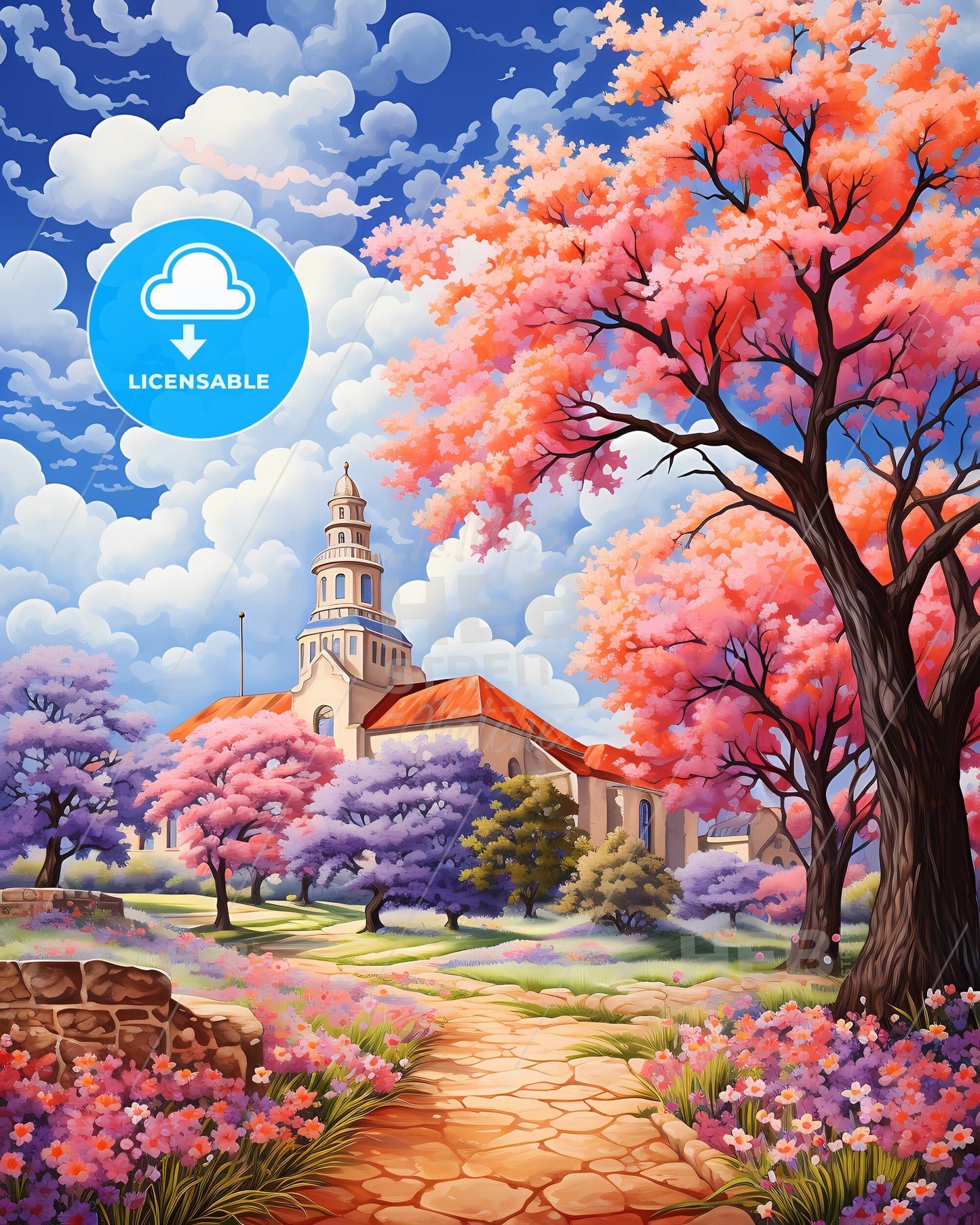 North Richland Hills, Texas, a painting of a church and trees