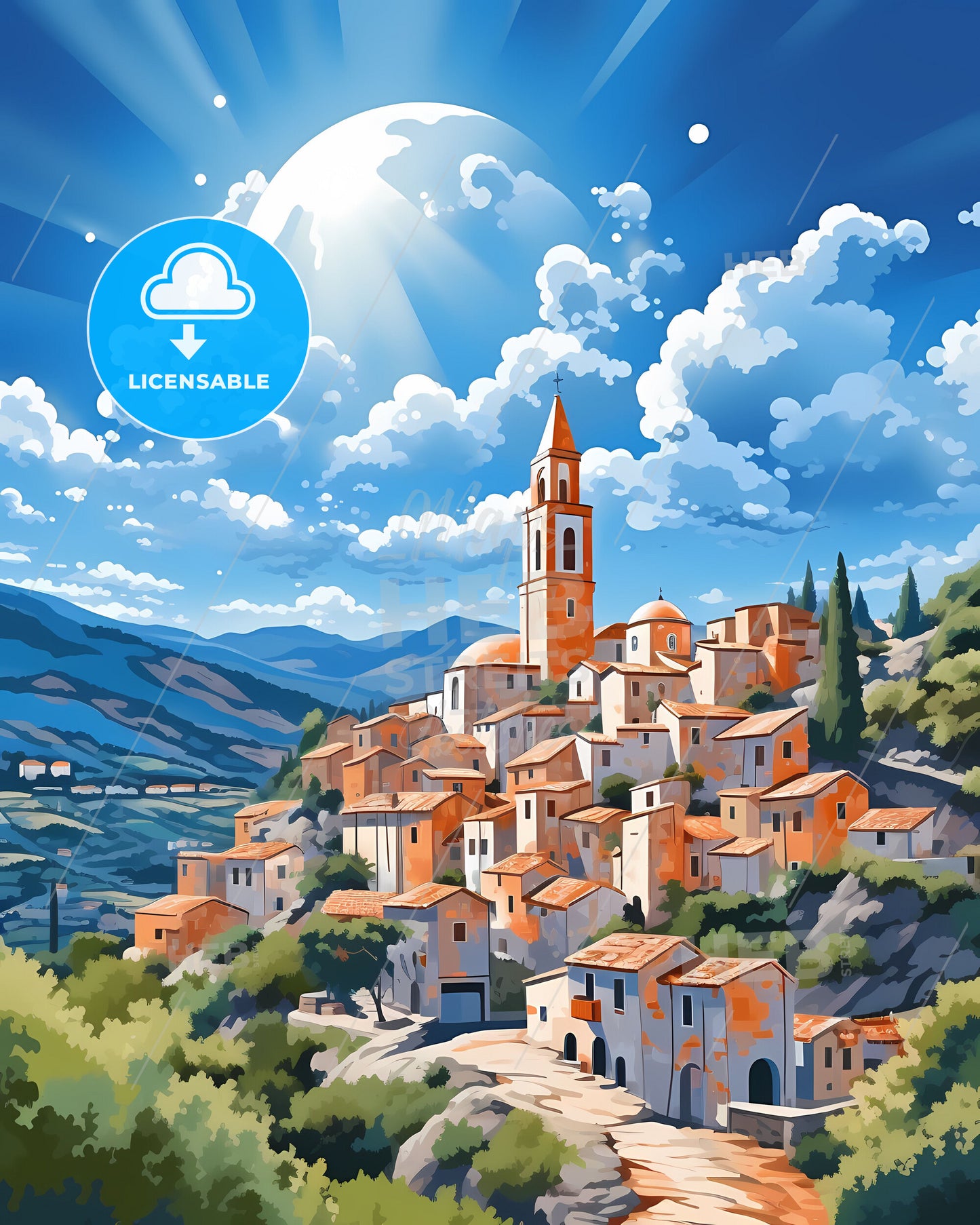 Teramo, Italy, a painting of a town with a tower and trees