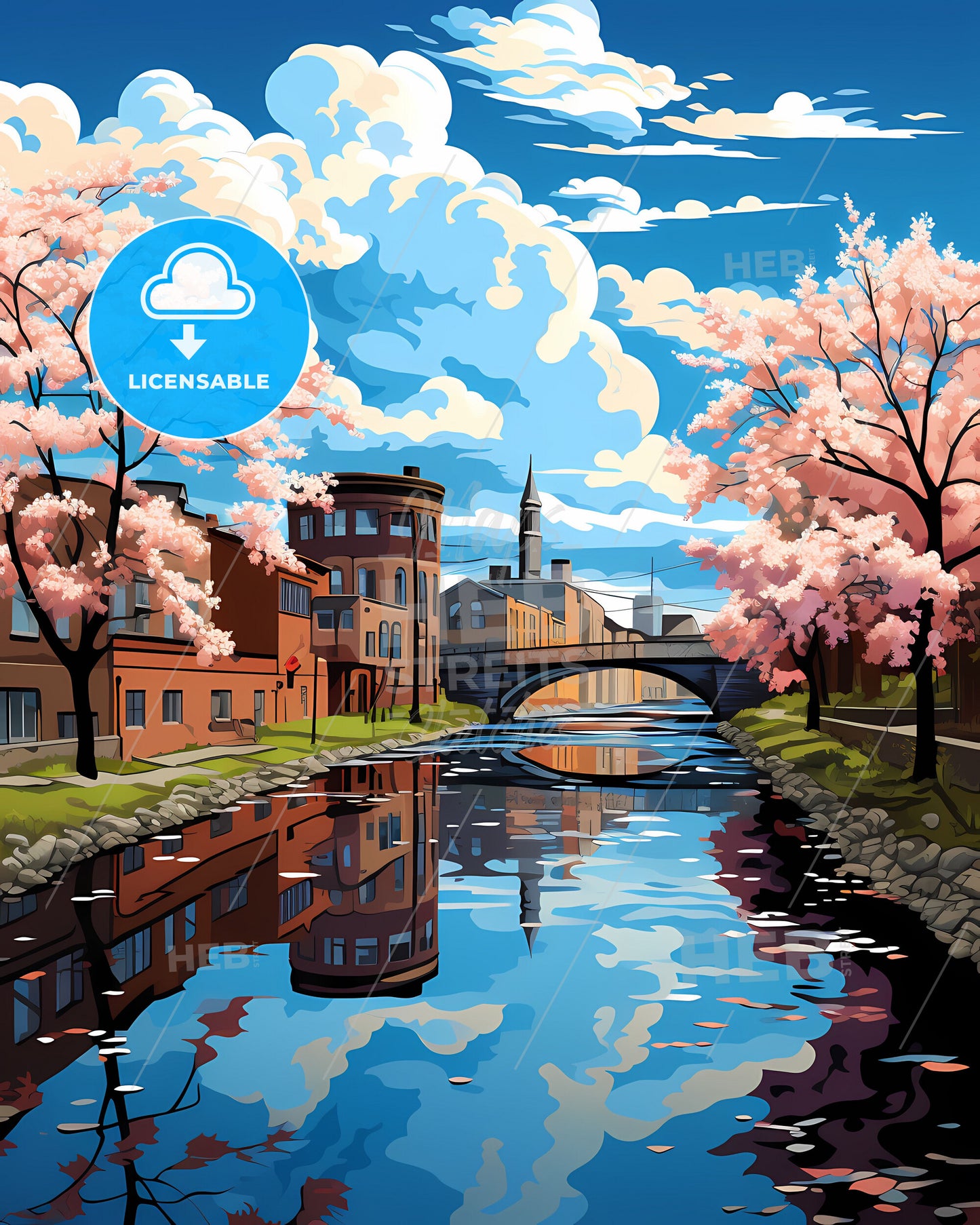 Utica, New York, a river with pink trees and buildings