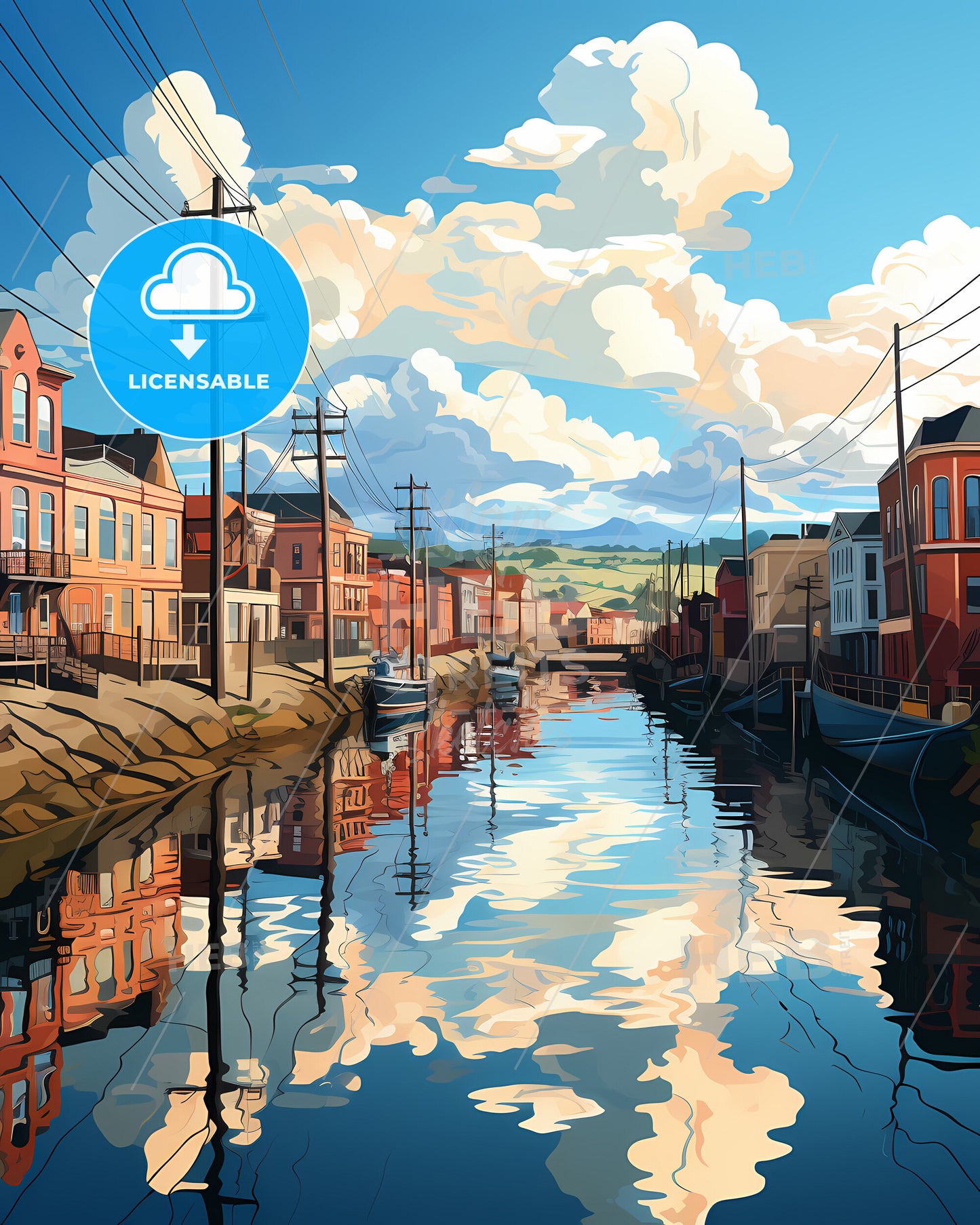 Den Helder, Netherlands, a water canal with buildings and power lines