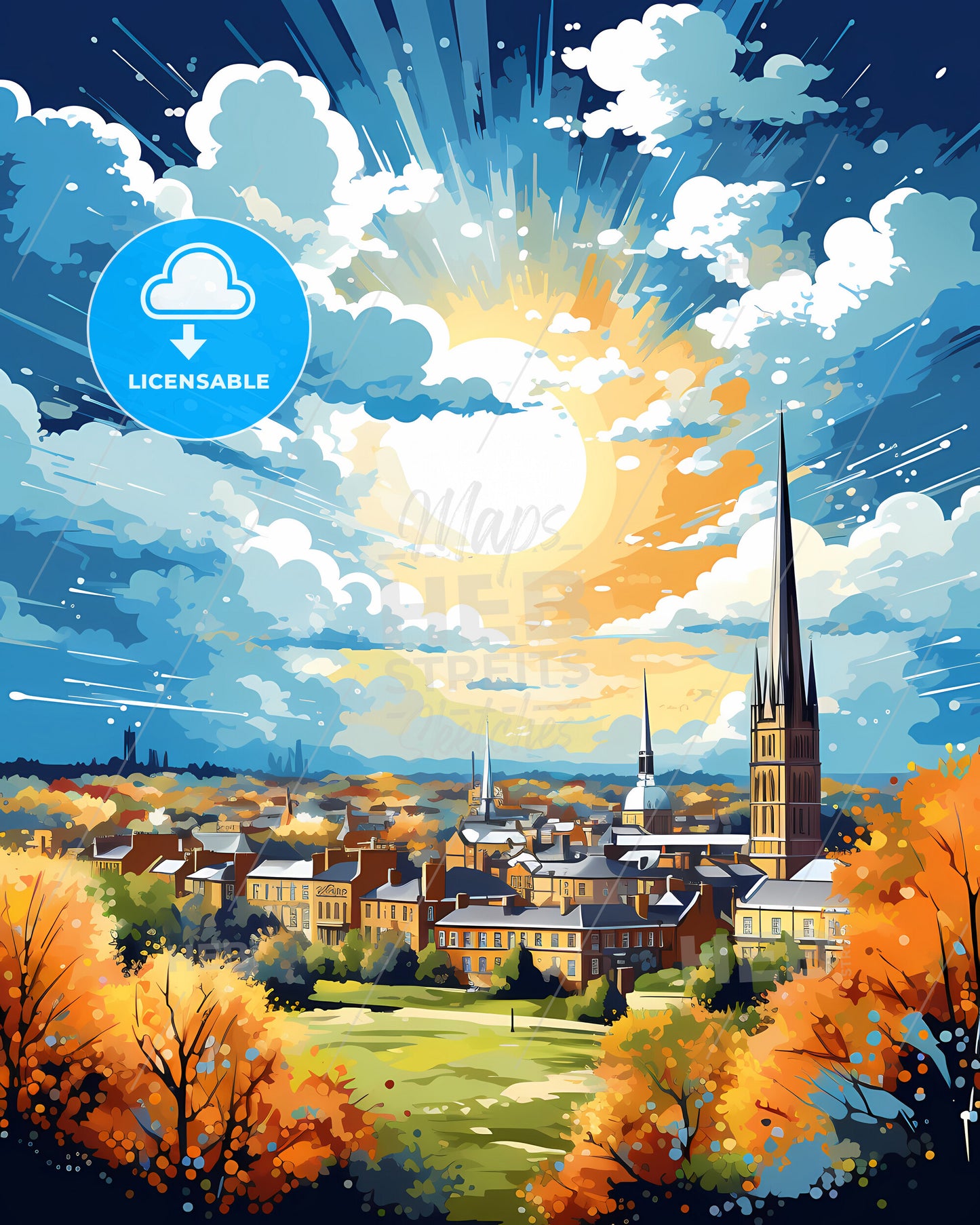 Peterborough, East of England, a painting of a city with trees and a sunny sky