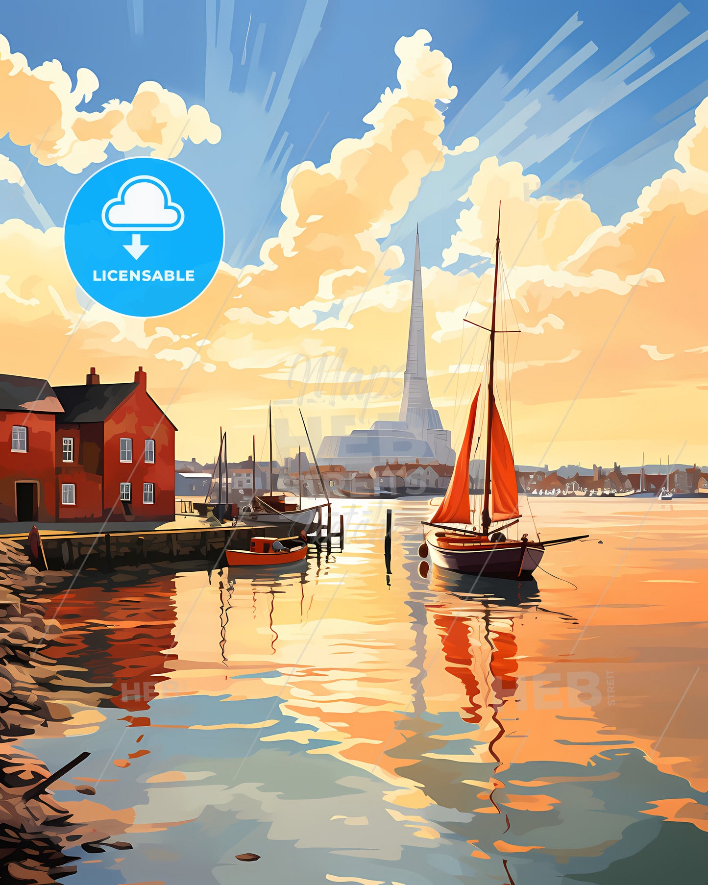 Poole, South West England, a painting of a city with a boat in the water