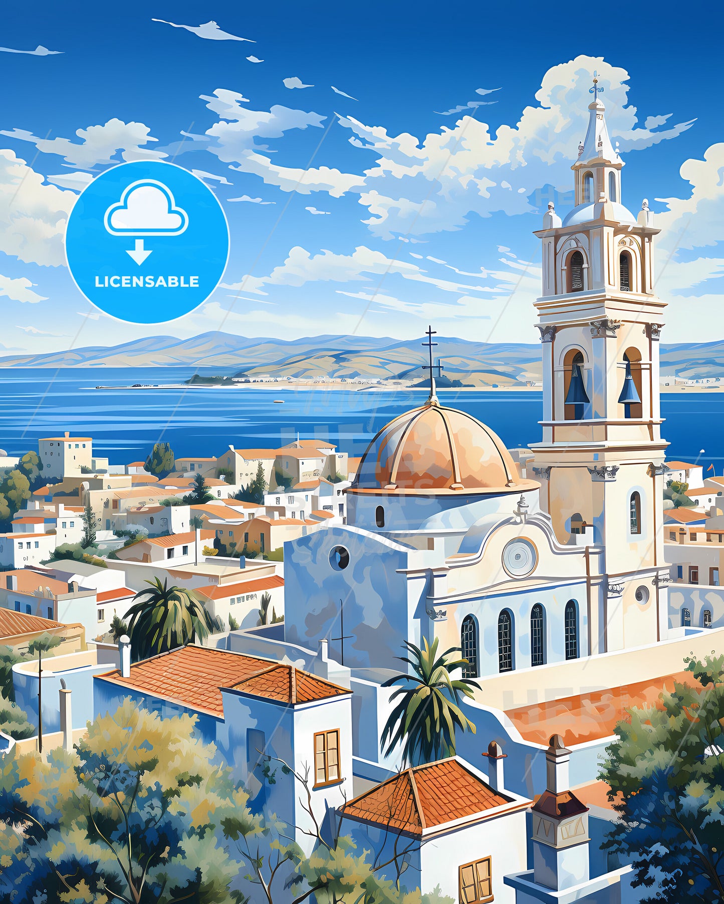 Almada, Portugal, a church with a bell tower and a body of water