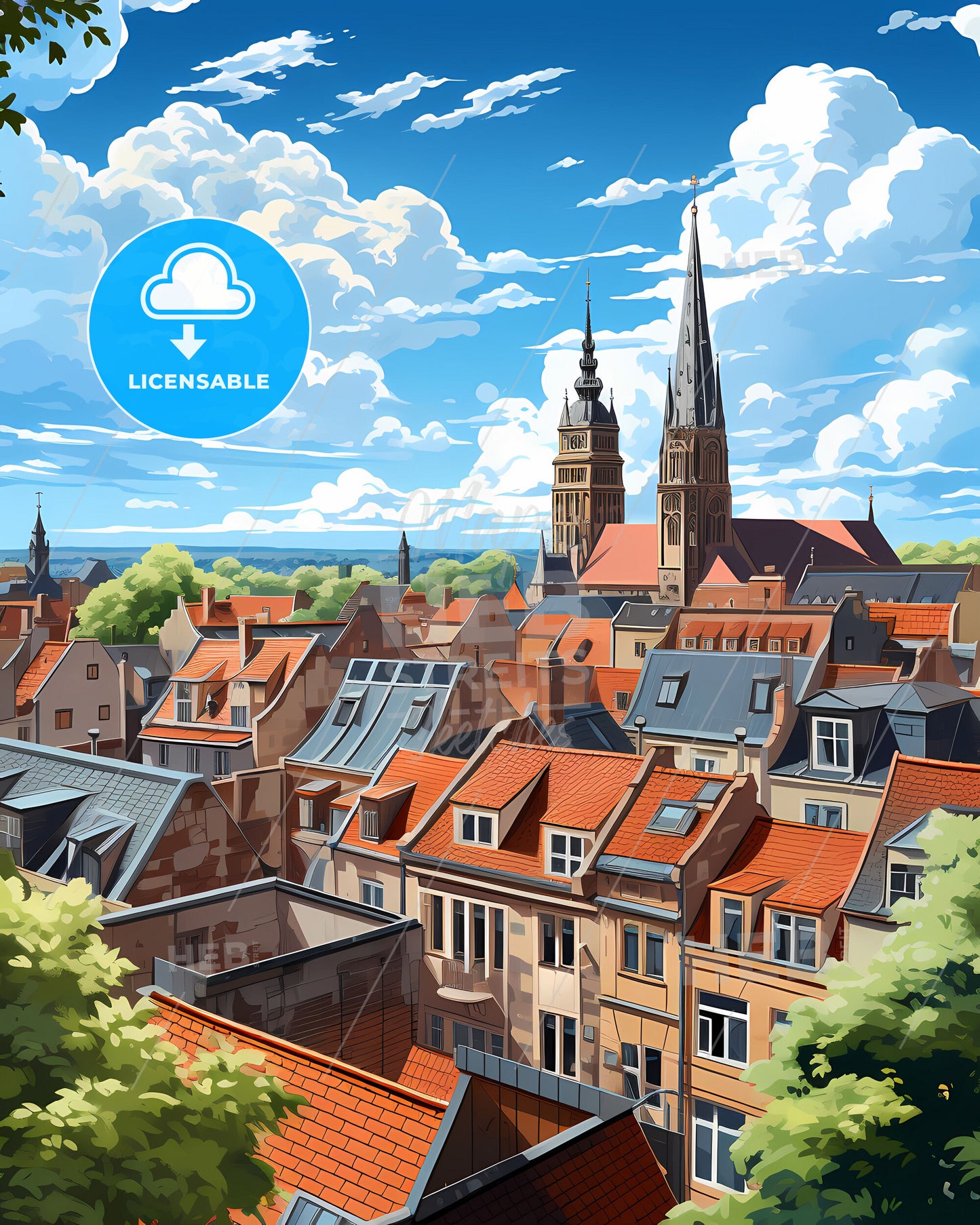 Zutphen, Netherlands, a city with a church and trees