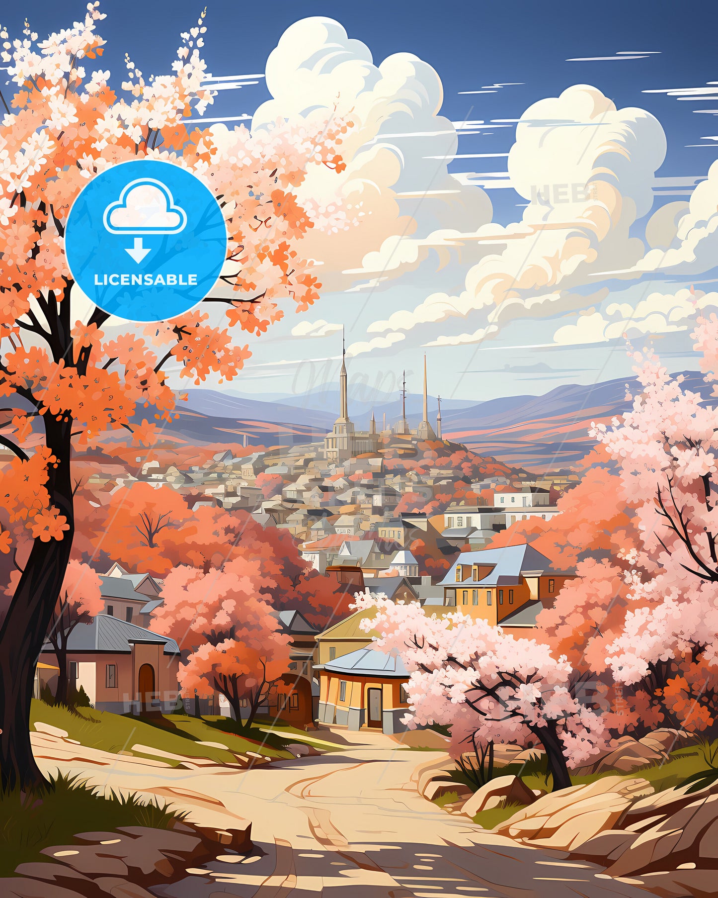 Pueblo, Colorado, a landscape of a town with pink trees and a building in the background