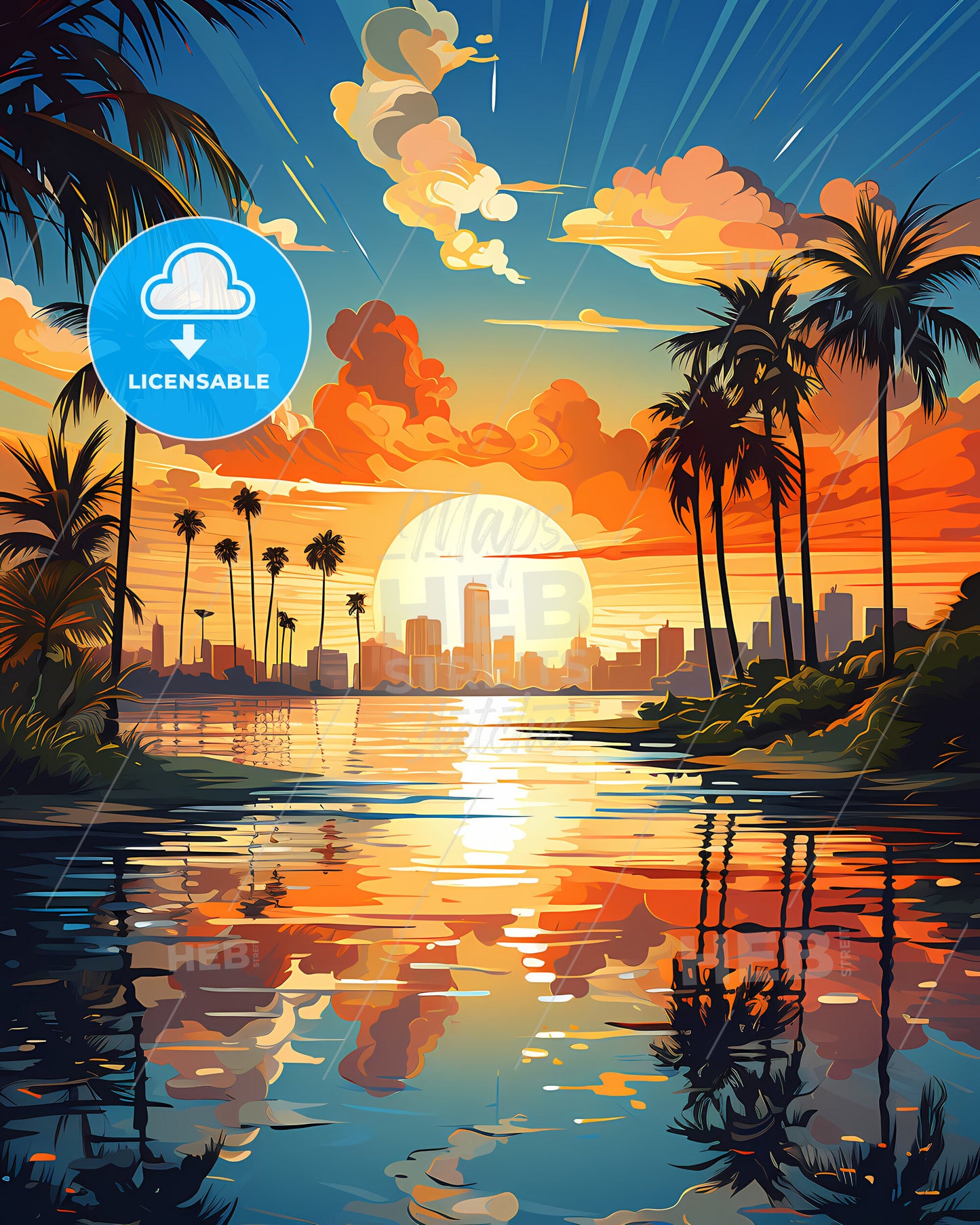 Miami Beach, Florida, a sunset over a body of water with palm trees