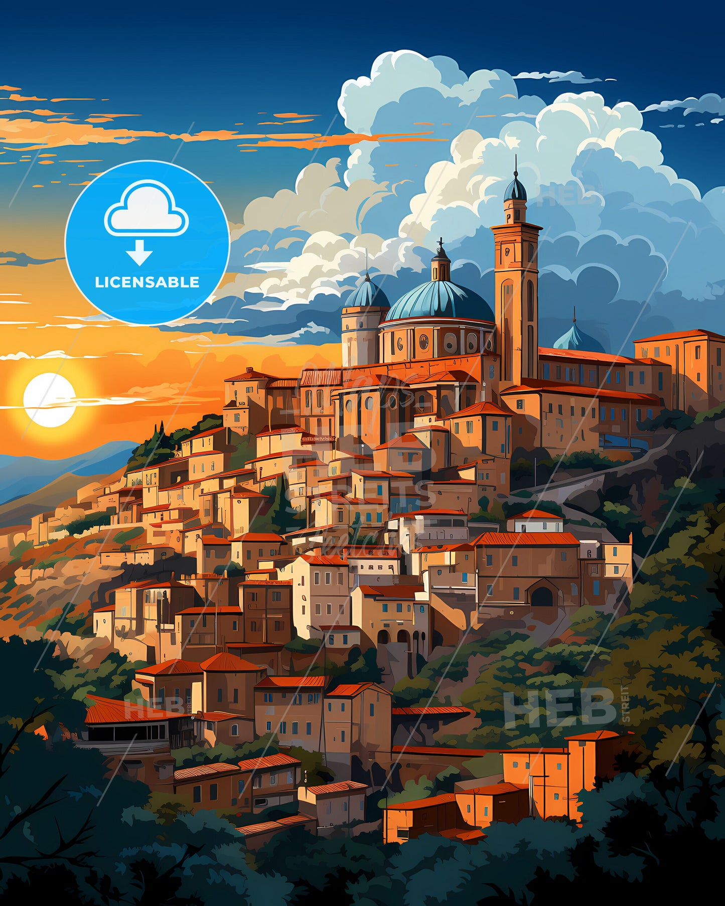 Acerra, Italy, a painting of a city on a hill