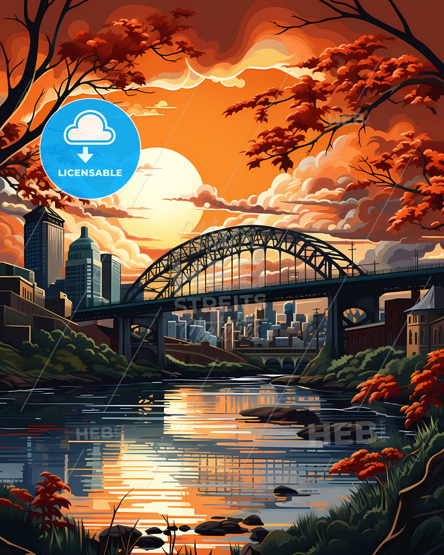 Newcastle Upon Tyne, North East England, a bridge over a river with orange trees and a city in the background