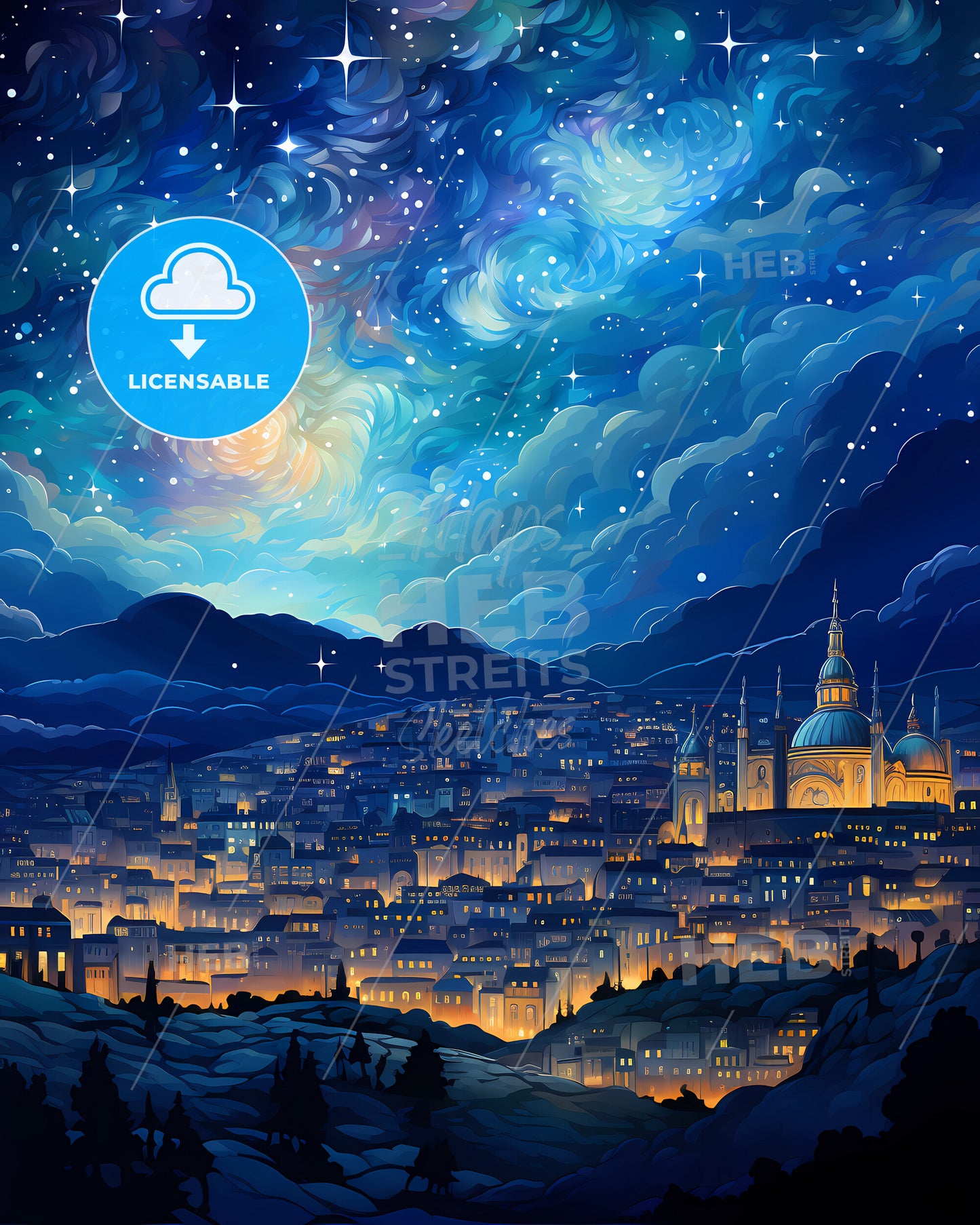 Faro, Portugal, a city with lights and stars in the sky