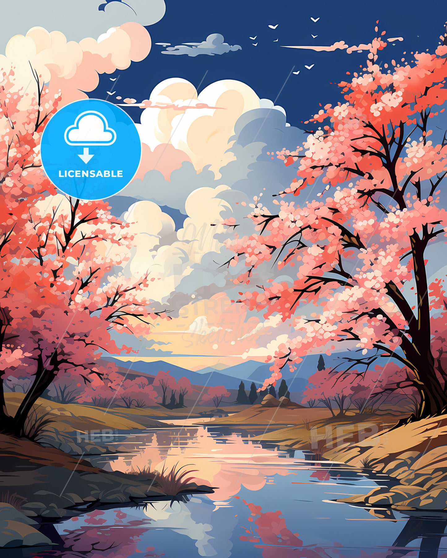 Loveland, Colorado, a river with pink trees and a cloudy sky