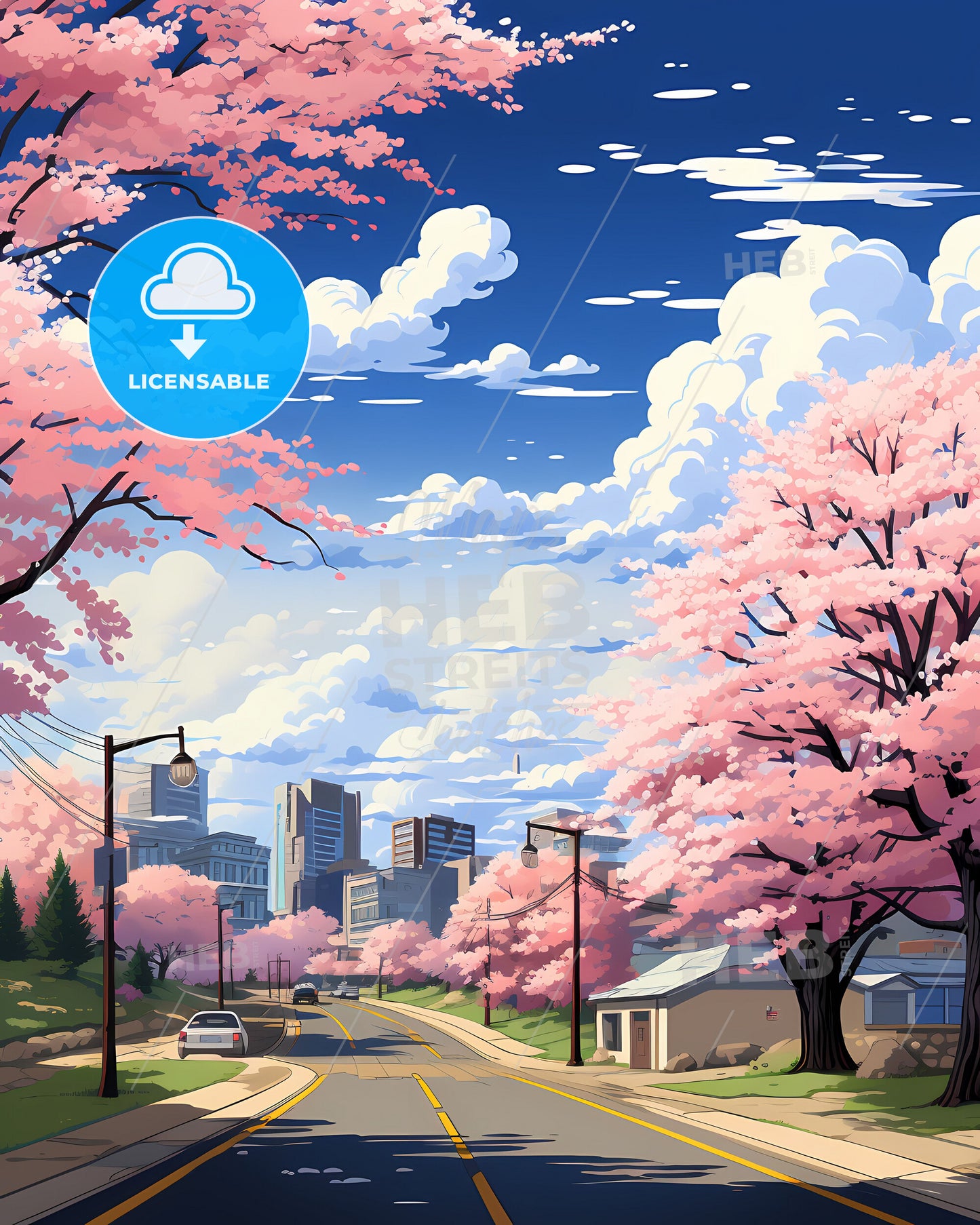 Troy, Michigan, a road with pink trees and buildings in the background