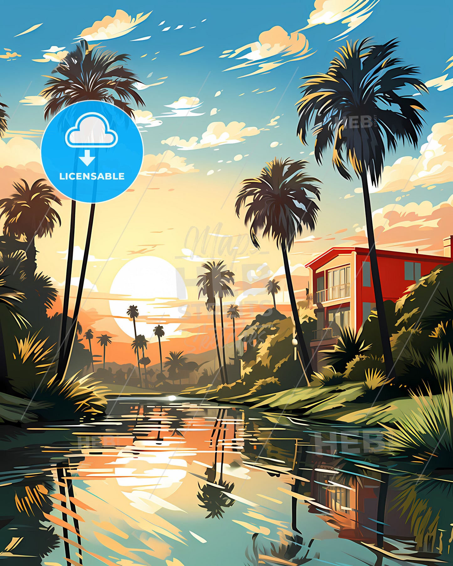 Rialto, California, a river with palm trees and a house in the background