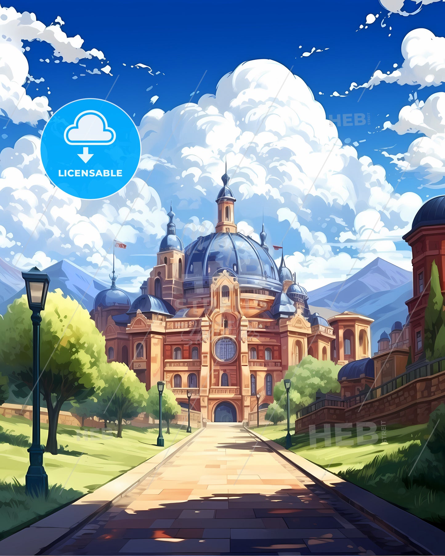 Gijon, Spain, a building with a dome roof and trees and a path