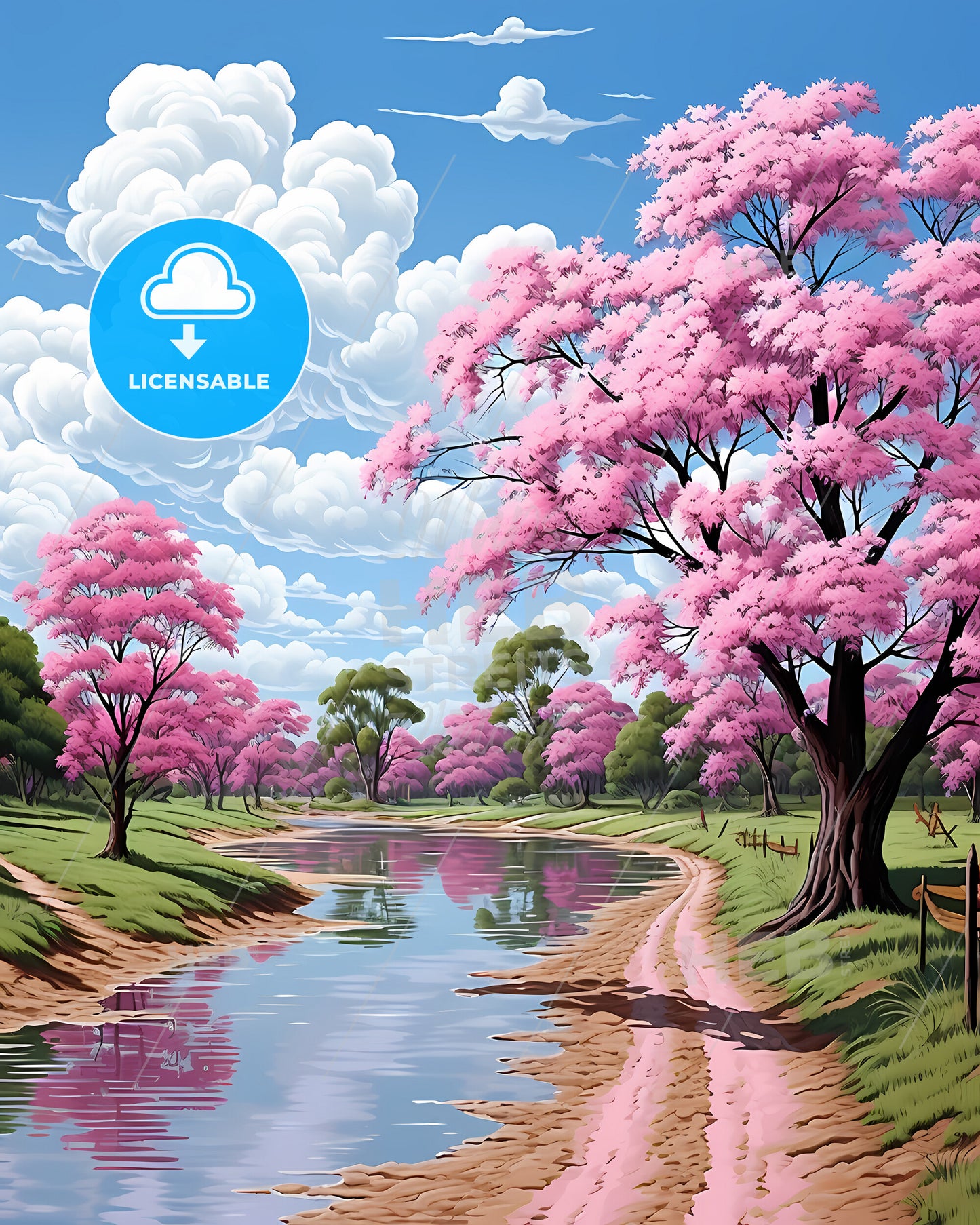 Baldwin Park, California, a river running through a field with pink trees