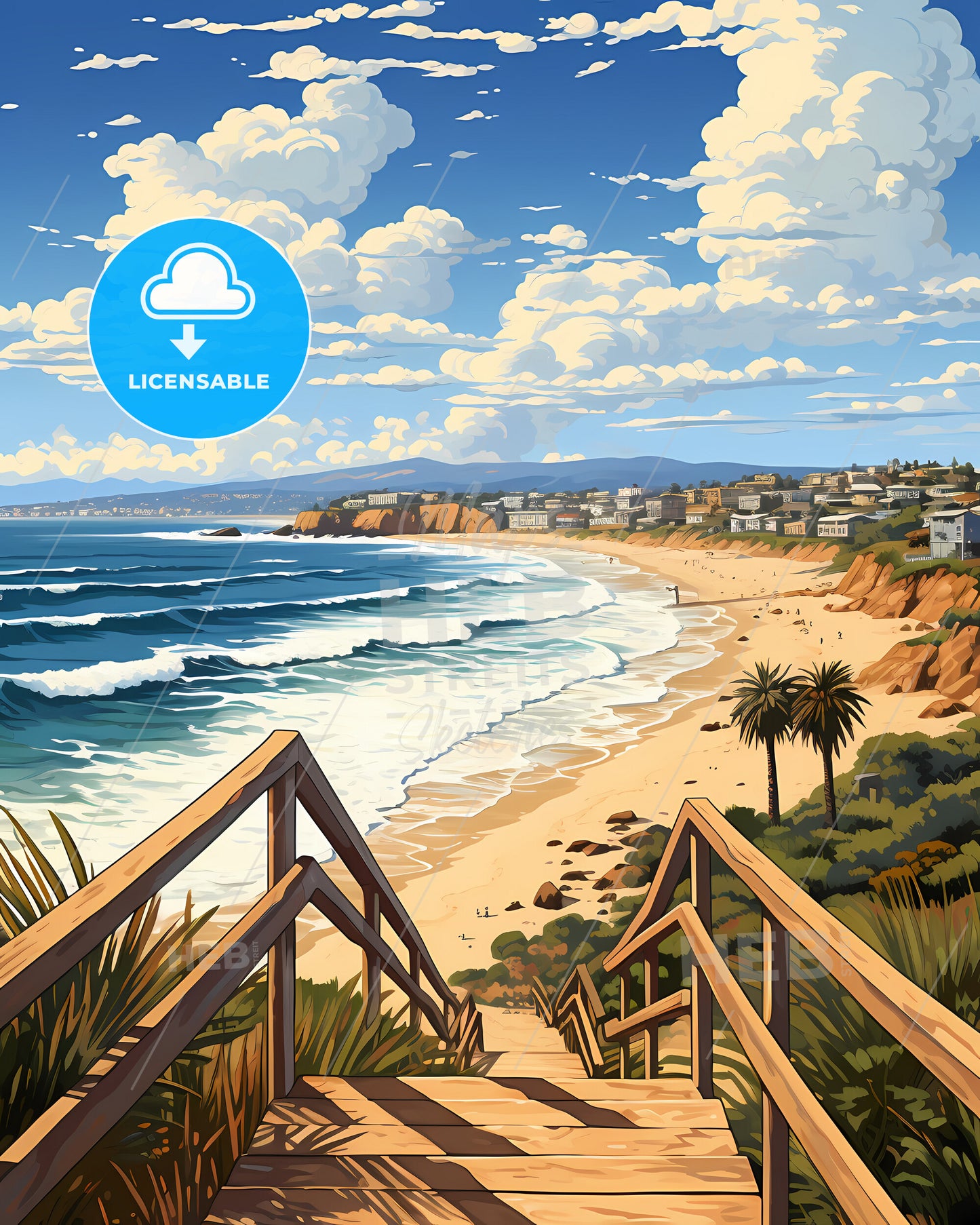 Redondo Beach, California, a beach with a wooden staircase leading to a town