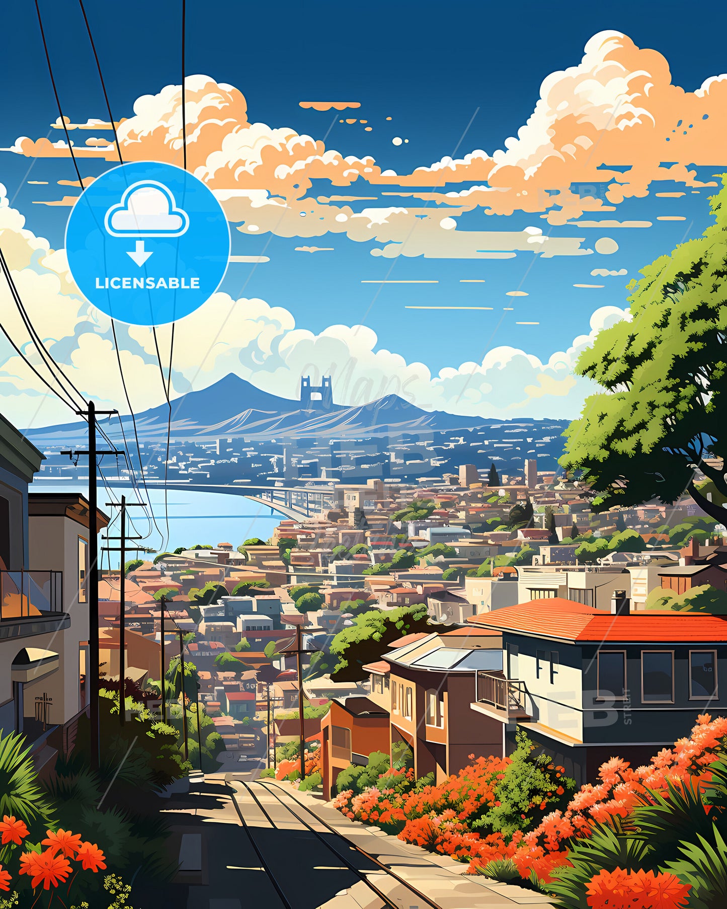 San Mateo, California, a cityscape with a river and mountains in the background