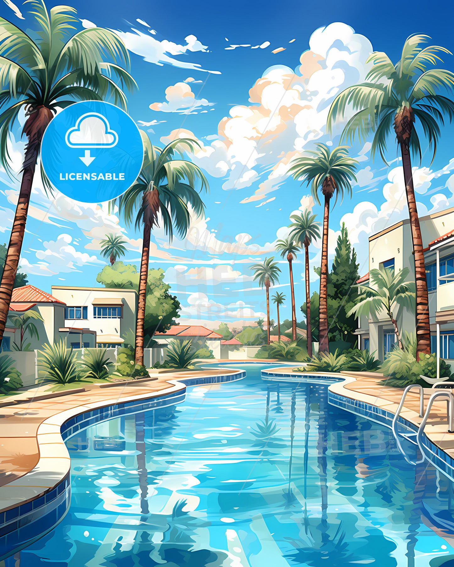 Cape Coral, Florida, a swimming pool with palm trees and buildings