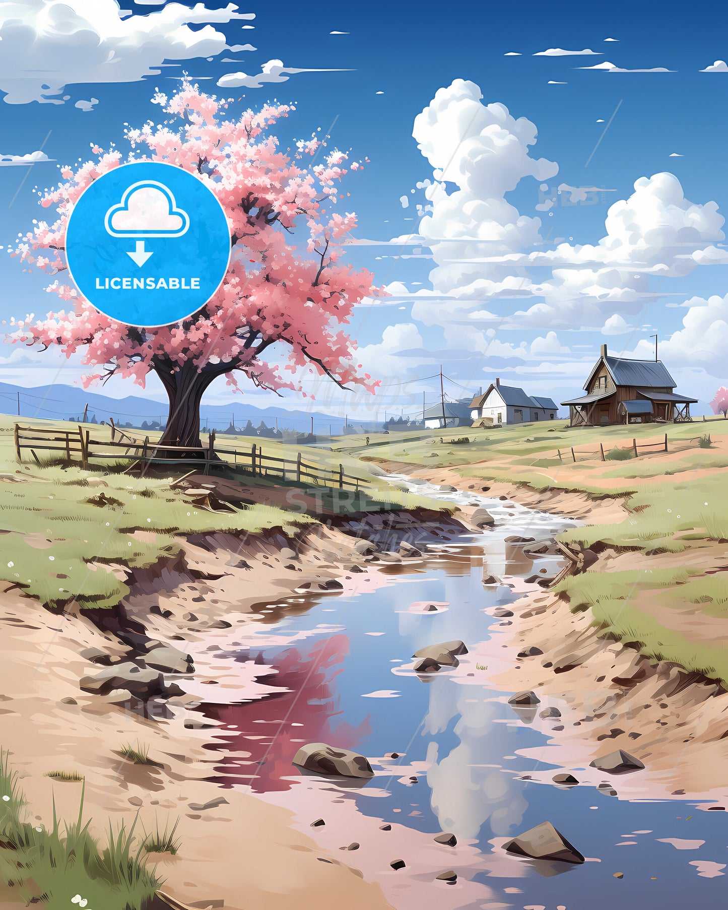 Stepnogorsk, Kazakhstan, a stream running through a field with a tree in the foreground