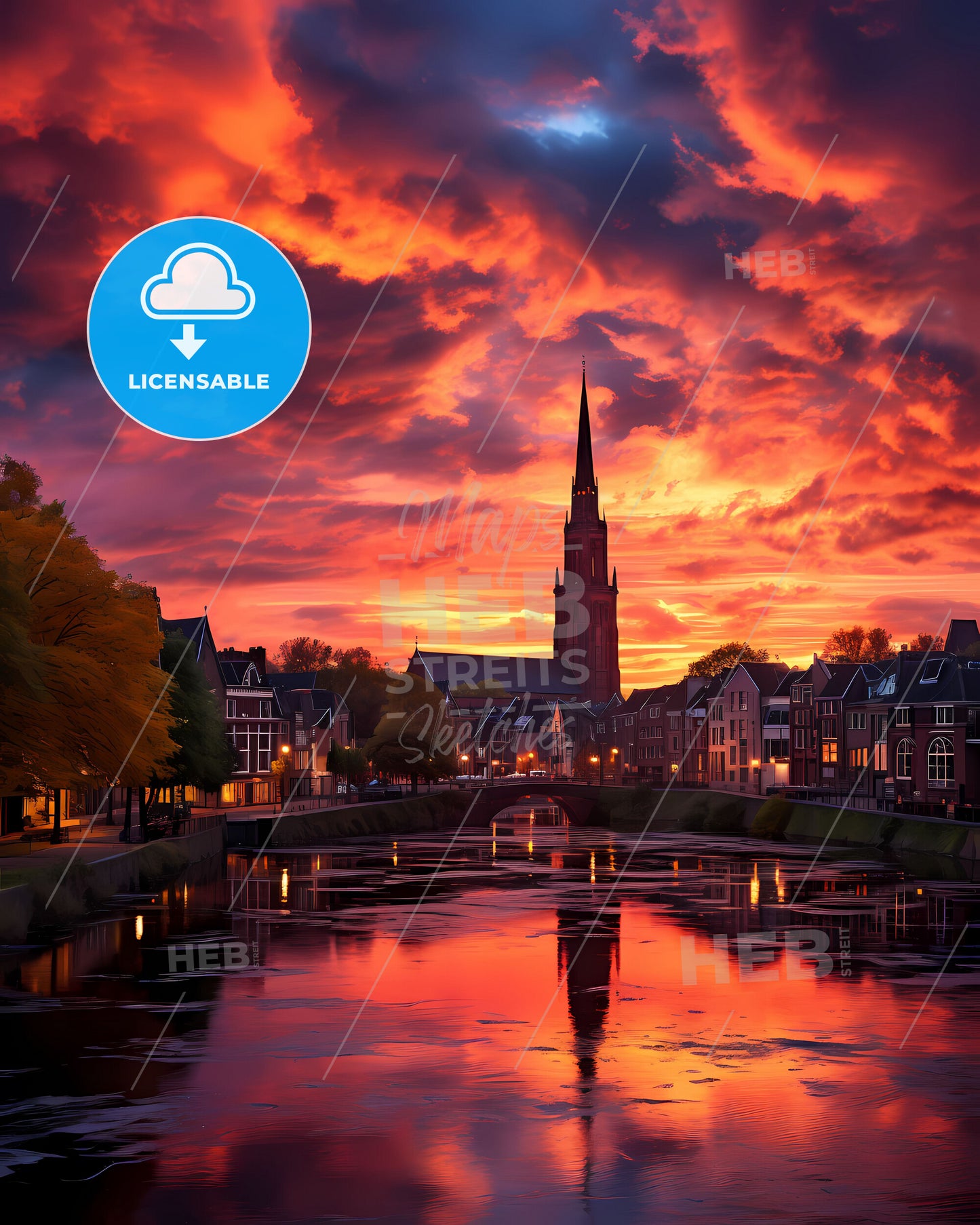 Woerden, Netherlands, a river with a church in the background