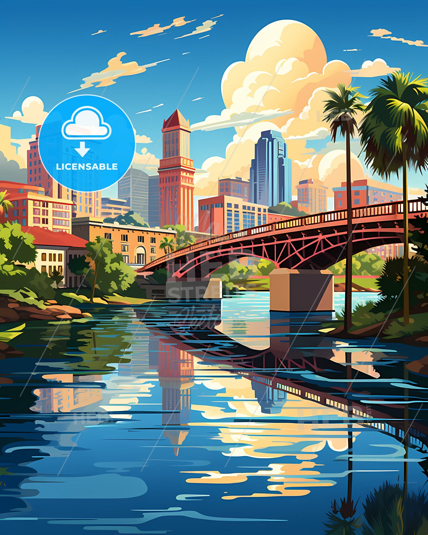 Jupiter, Florida, a bridge over a river with palm trees and buildings