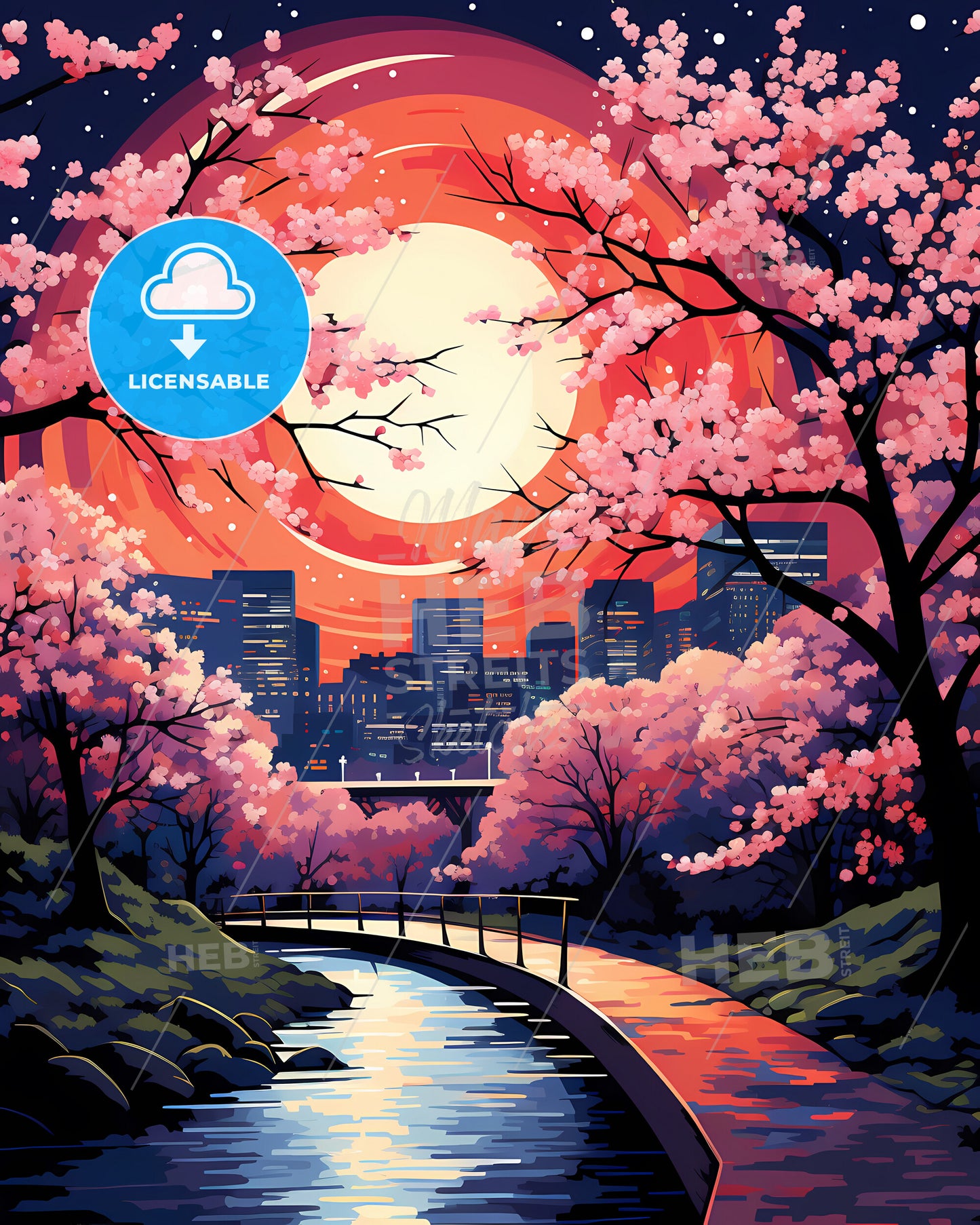 Rogers, Arkansas, a painting of a city with pink trees and a river