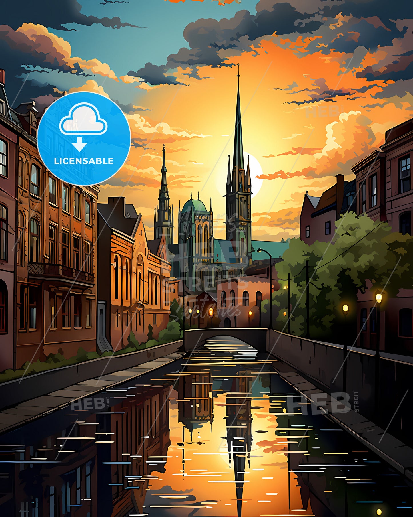 Breda, Netherlands, a water canal with buildings and a church in the background