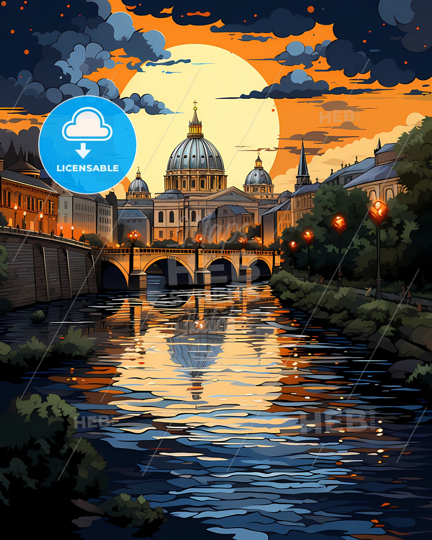 Rome, Lazio, a river with a bridge and a large building in the background