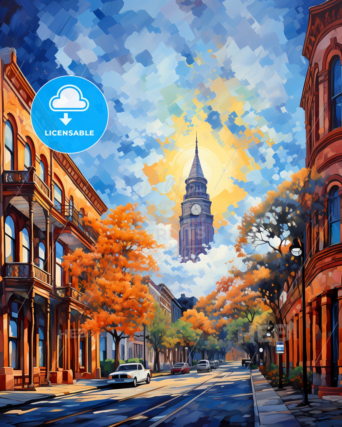 Albany, Georgia, a street with trees and a clock tower