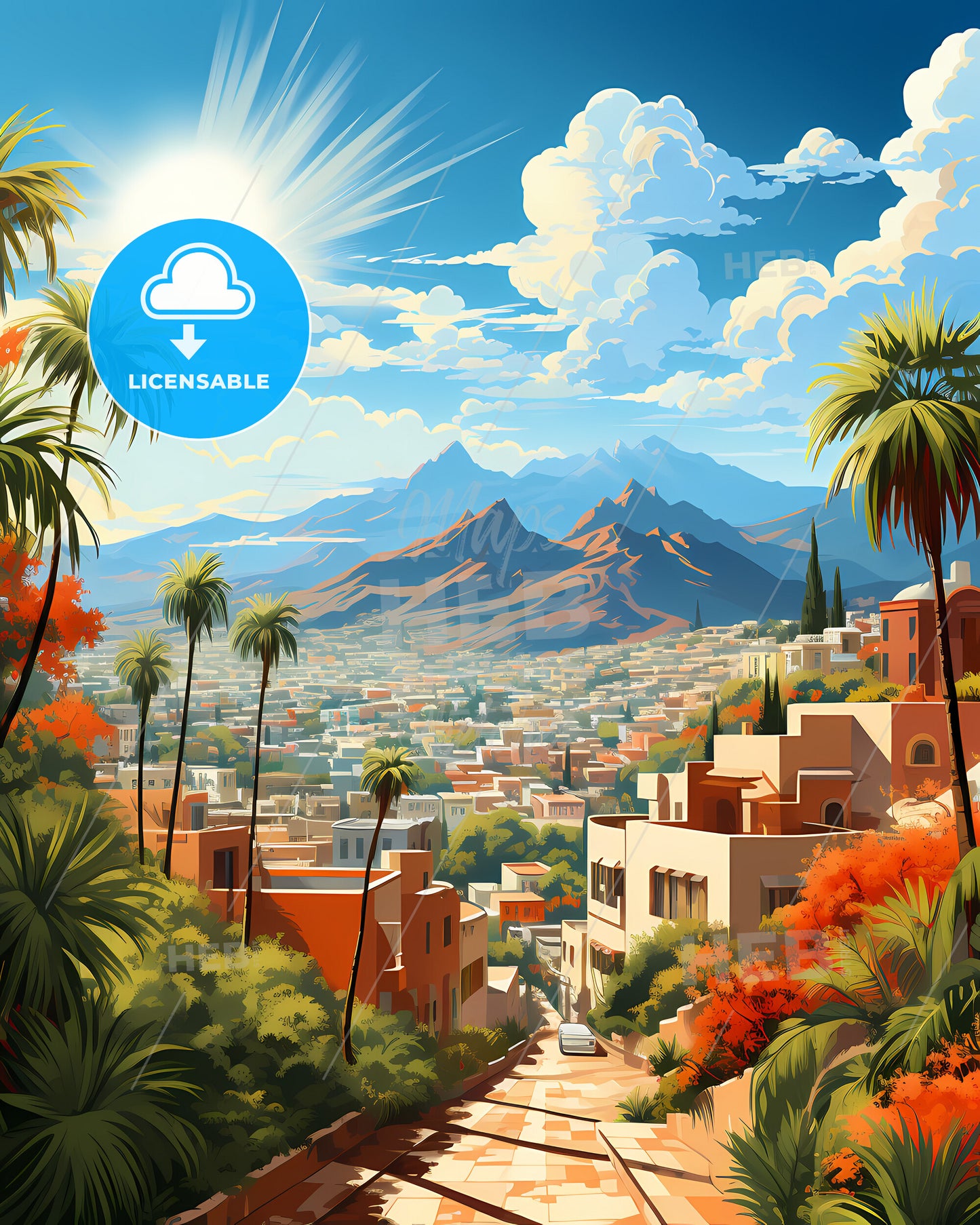 Glendale, California, a city with palm trees and mountains in the background