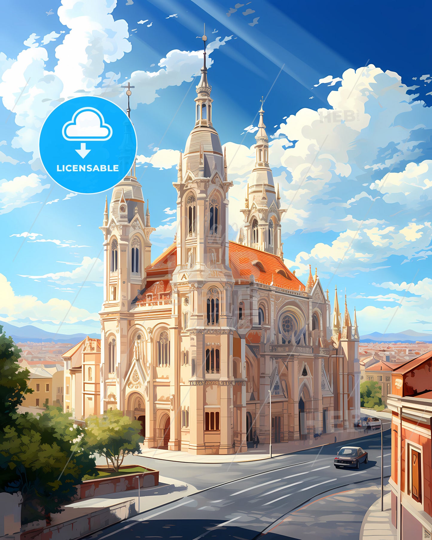 Madrid, Spain, a large building with towers and a street in front of it