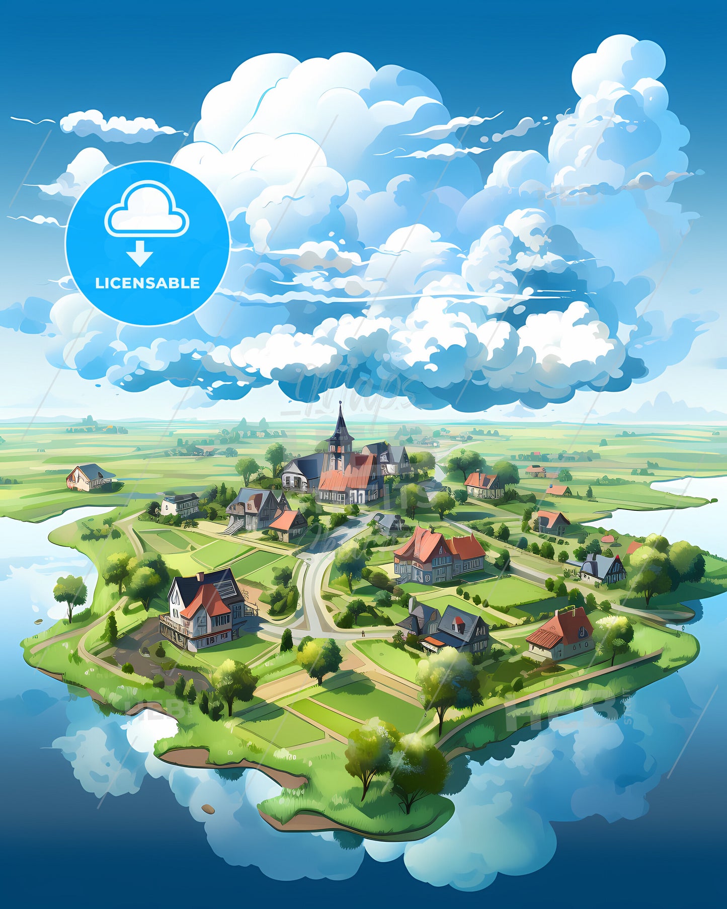 Smallingerland, Netherlands, a cartoon of a small island with houses and trees