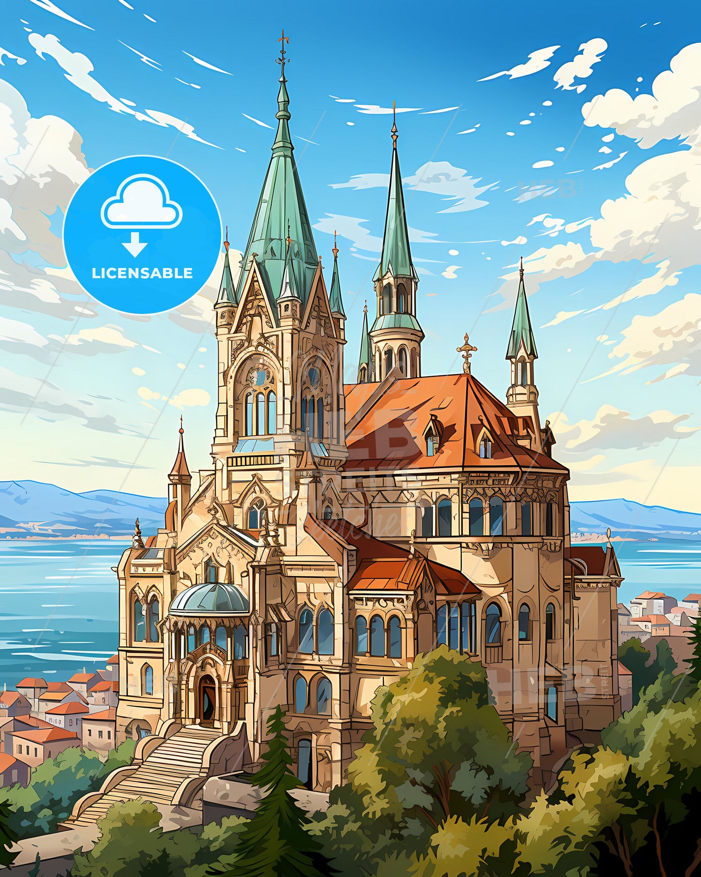 Trieste, Italy, a castle with trees and a body of water