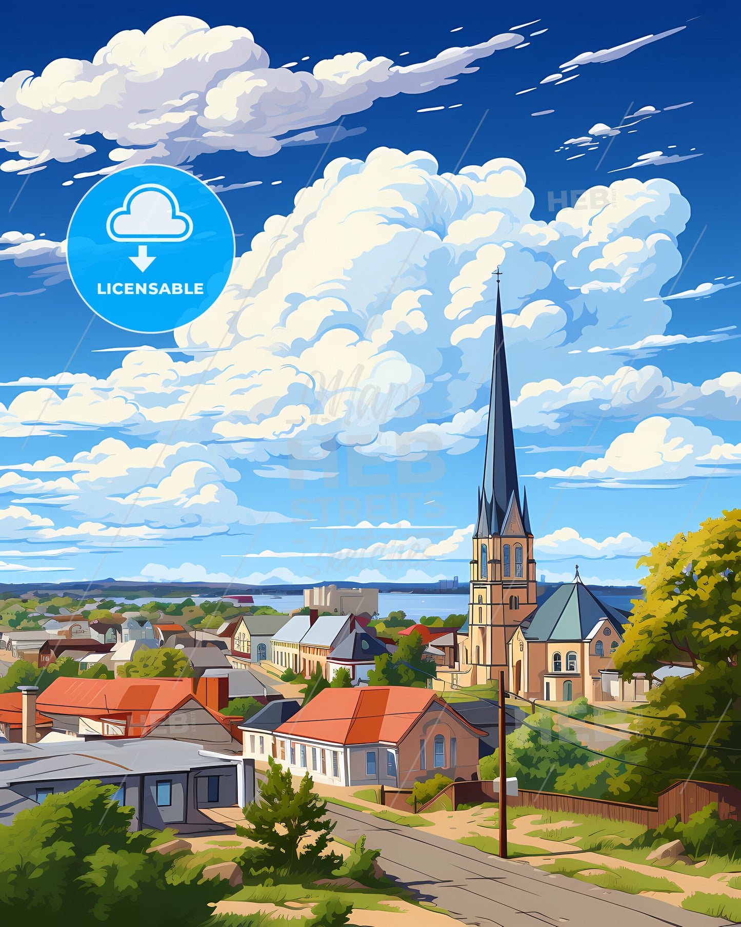 Athlone, County Westmeath & County Roscommon, a town with a tall spire and a body of water