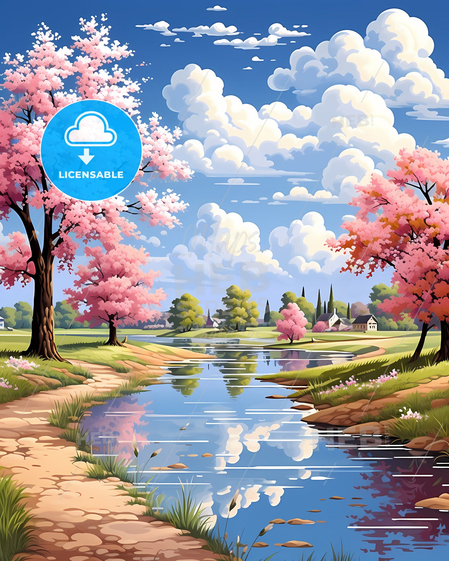 Rogers, Arkansas, a river with pink trees and a house on the side